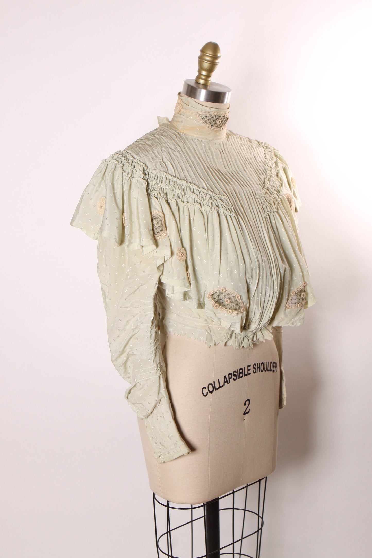 Antique 1800s Victorian Pale Blue, Cream and Black Long Sleeve Ruffle with Removable High Neck Collar Blouse