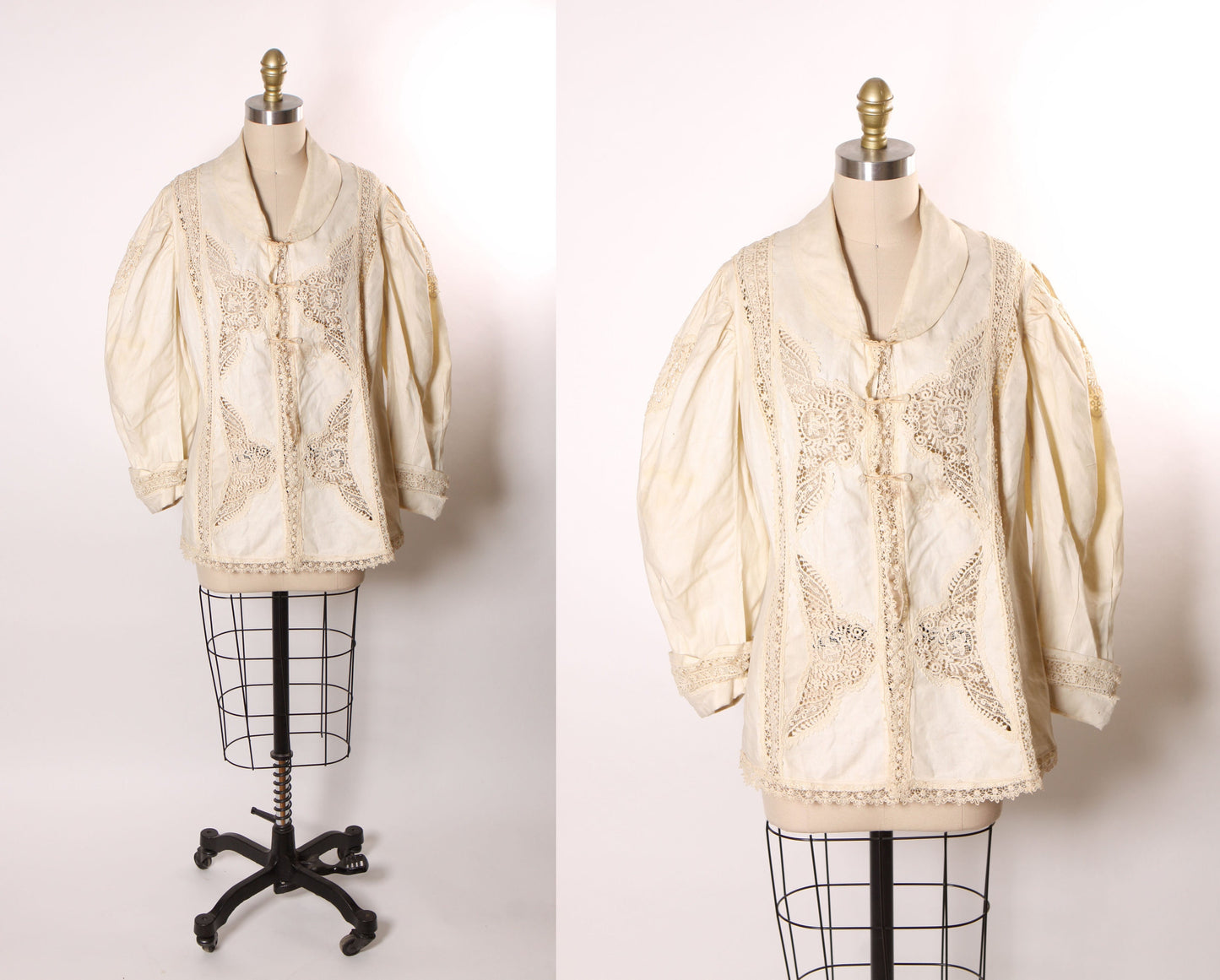 Antique 1800s 1900s Victorian Edwardian Long Sleeve Irish Lace Cream Off White Button Closure Jacket -L