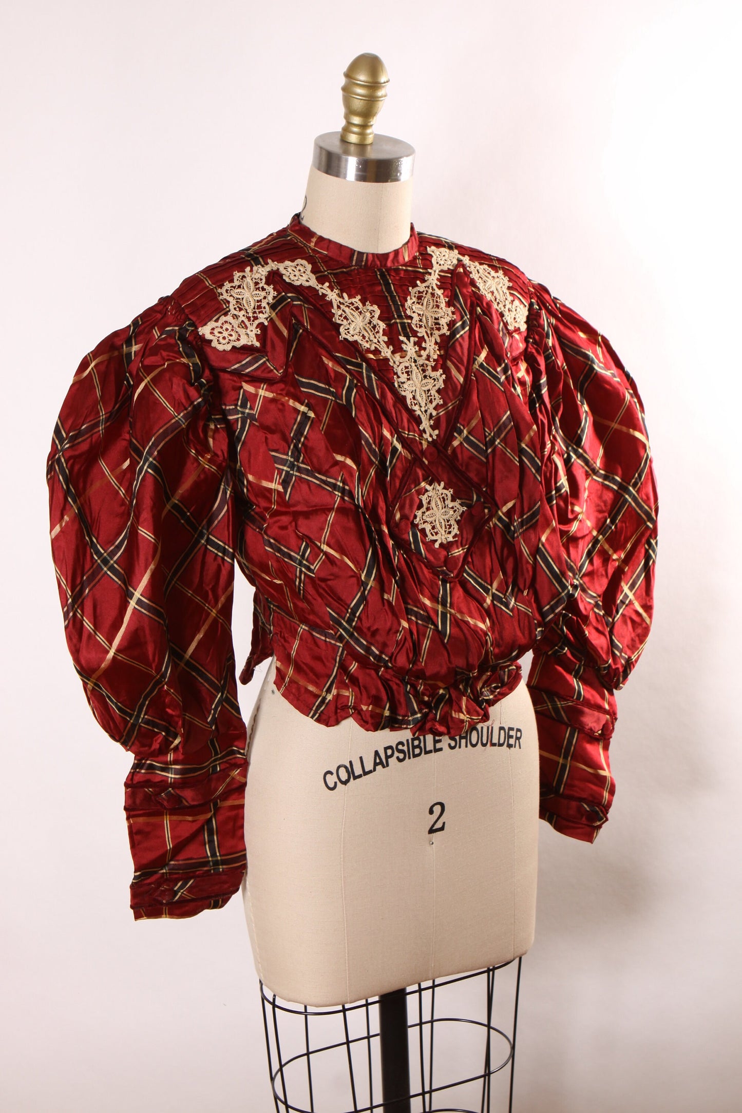 Antique 1800s Red, Black and Tan Black Plaid Tartan Lace Trim Mutton Long Sleeve Blouse -S