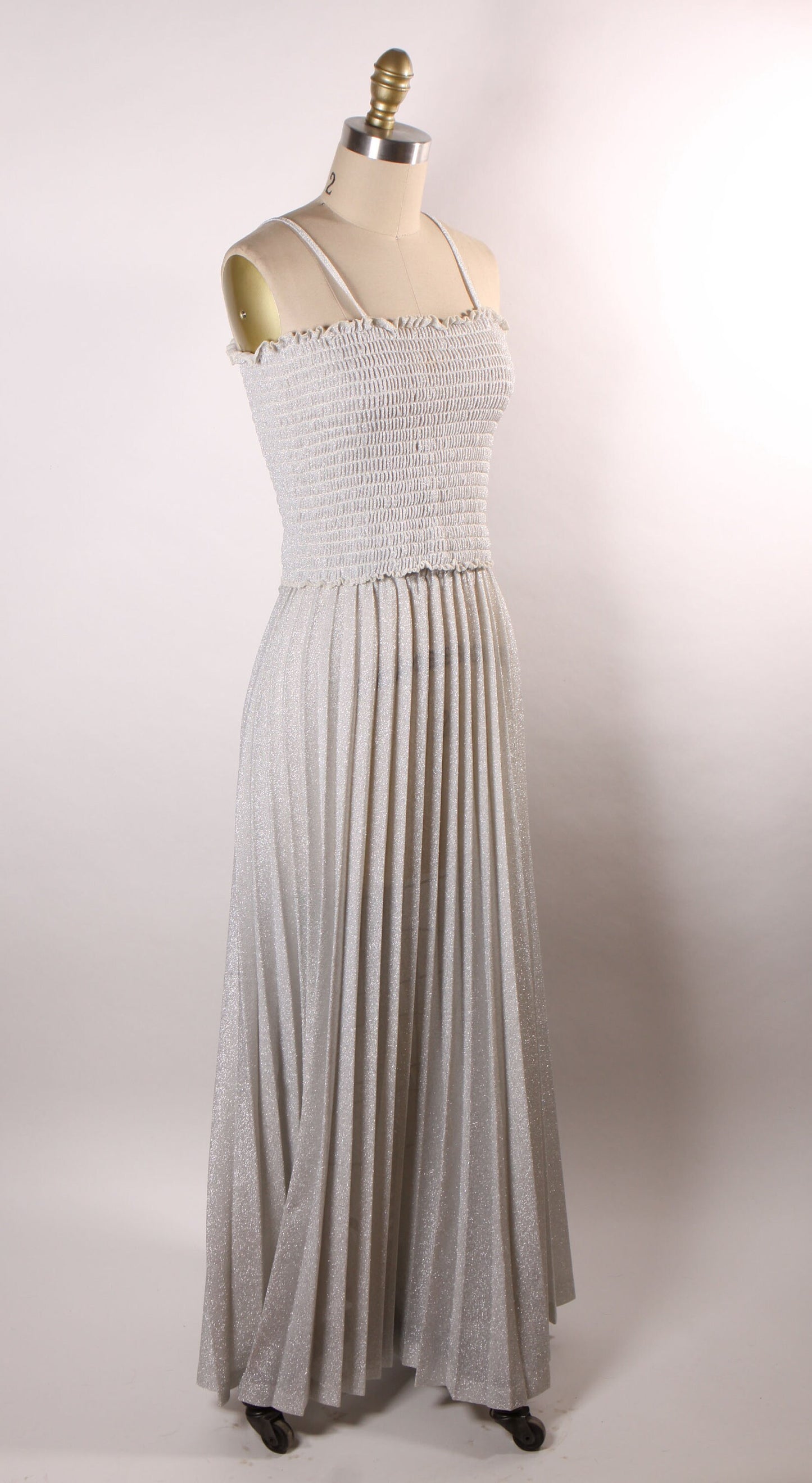 1970s Silver Metallic Lurex Spaghetti Strap Ruched Crop Top with Two Matching Pleated Skirts and Blazer Jacket Suit and Sleeveless Jacket -S