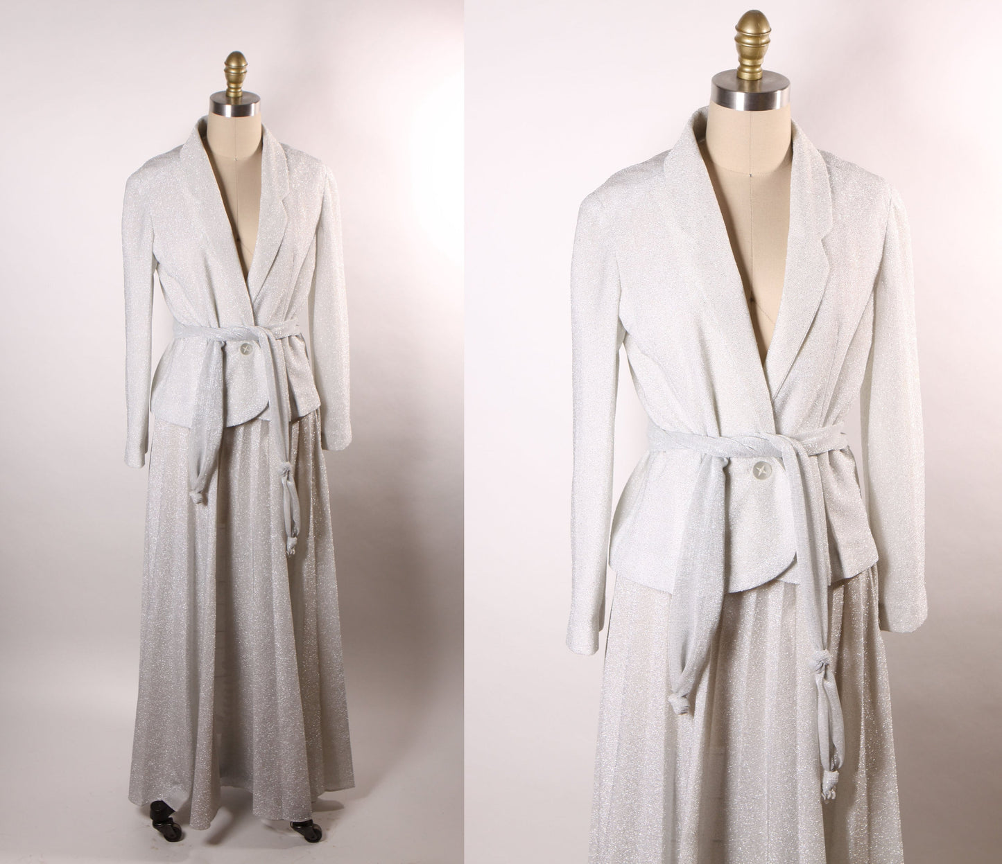 1970s Silver Metallic Lurex Spaghetti Strap Ruched Crop Top with Two Matching Pleated Skirts and Blazer Jacket Suit and Sleeveless Jacket -S