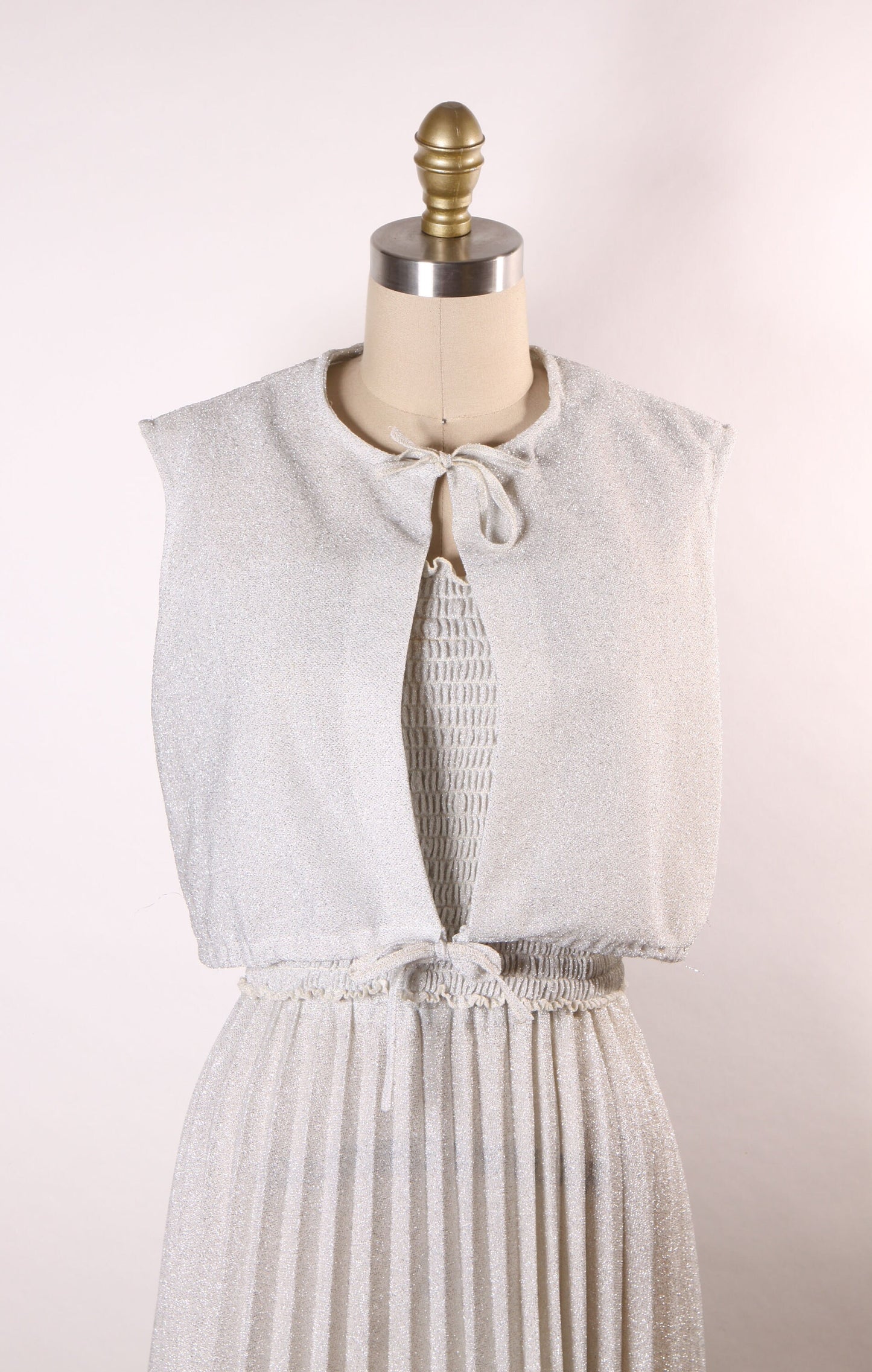 1970s Silver Metallic Lurex Spaghetti Strap Ruched Crop Top with Two Matching Pleated Skirts and Blazer Jacket Suit and Sleeveless Jacket -S