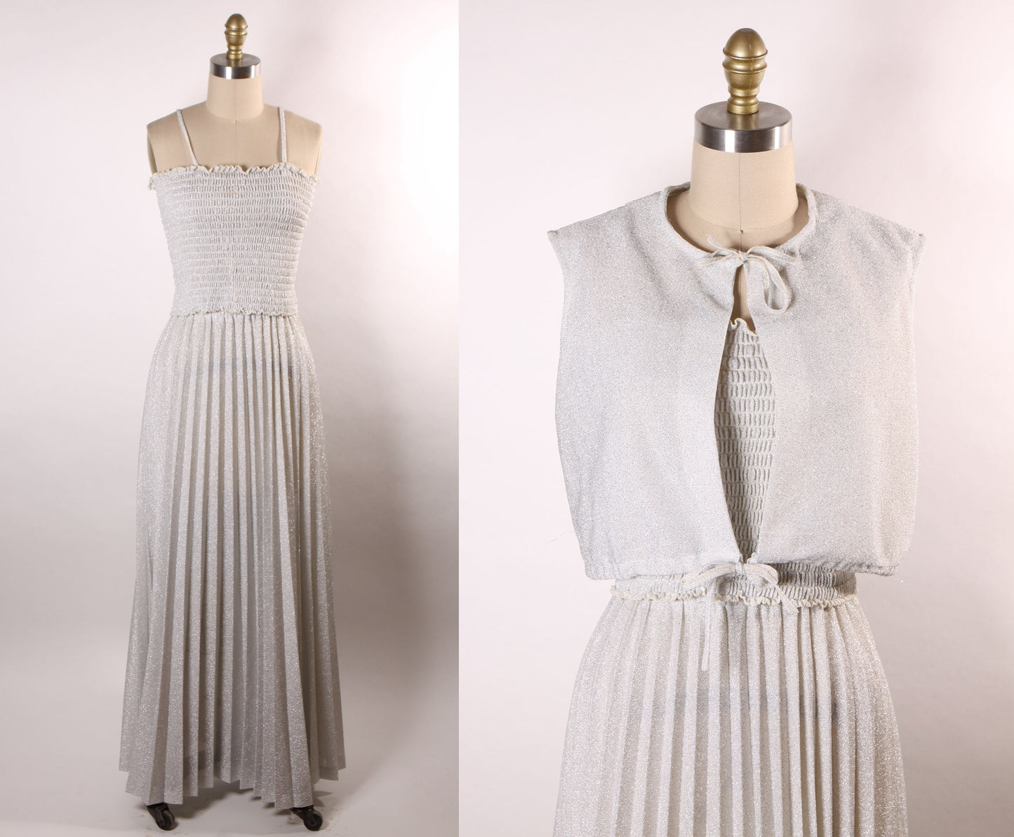 1970s Silver Metallic Lurex Spaghetti Strap Ruched Crop Top with Two Matching Pleated Skirts and Blazer Jacket Suit and Sleeveless Jacket -S