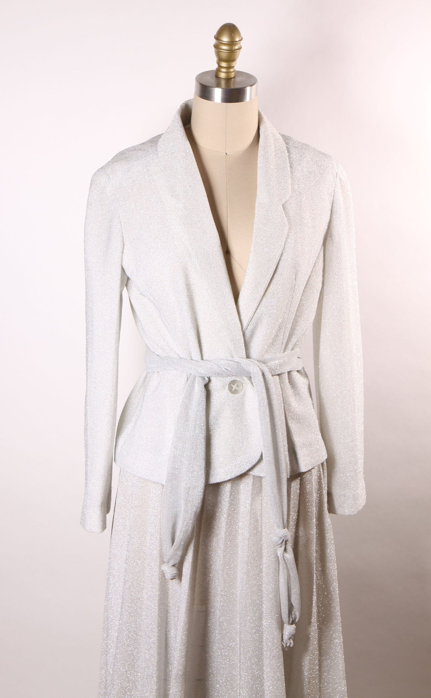 1970s Silver Metallic Lurex Spaghetti Strap Ruched Crop Top with Two Matching Pleated Skirts and Blazer Jacket Suit and Sleeveless Jacket -S