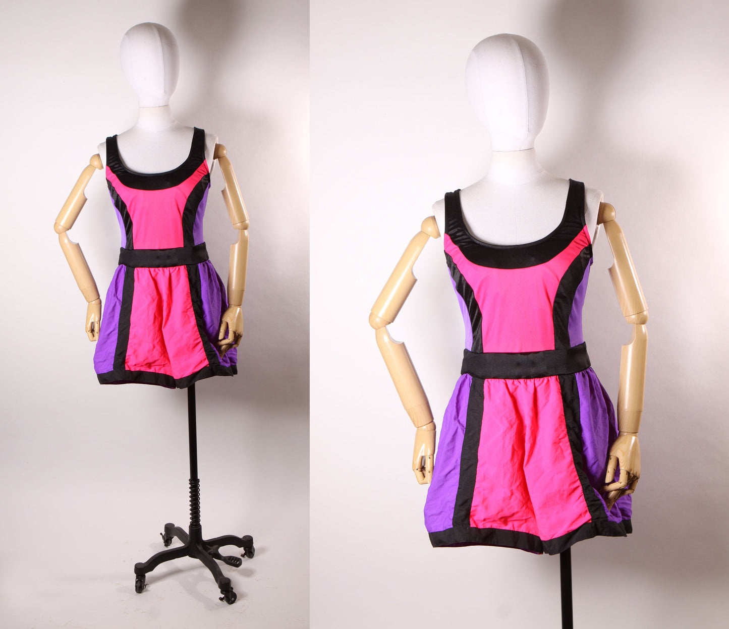 1980s Neon Day Glow Purple, Pink and Black One Piece Workout Aerobic Jazzercise Swimsuit by Catalina -XL
