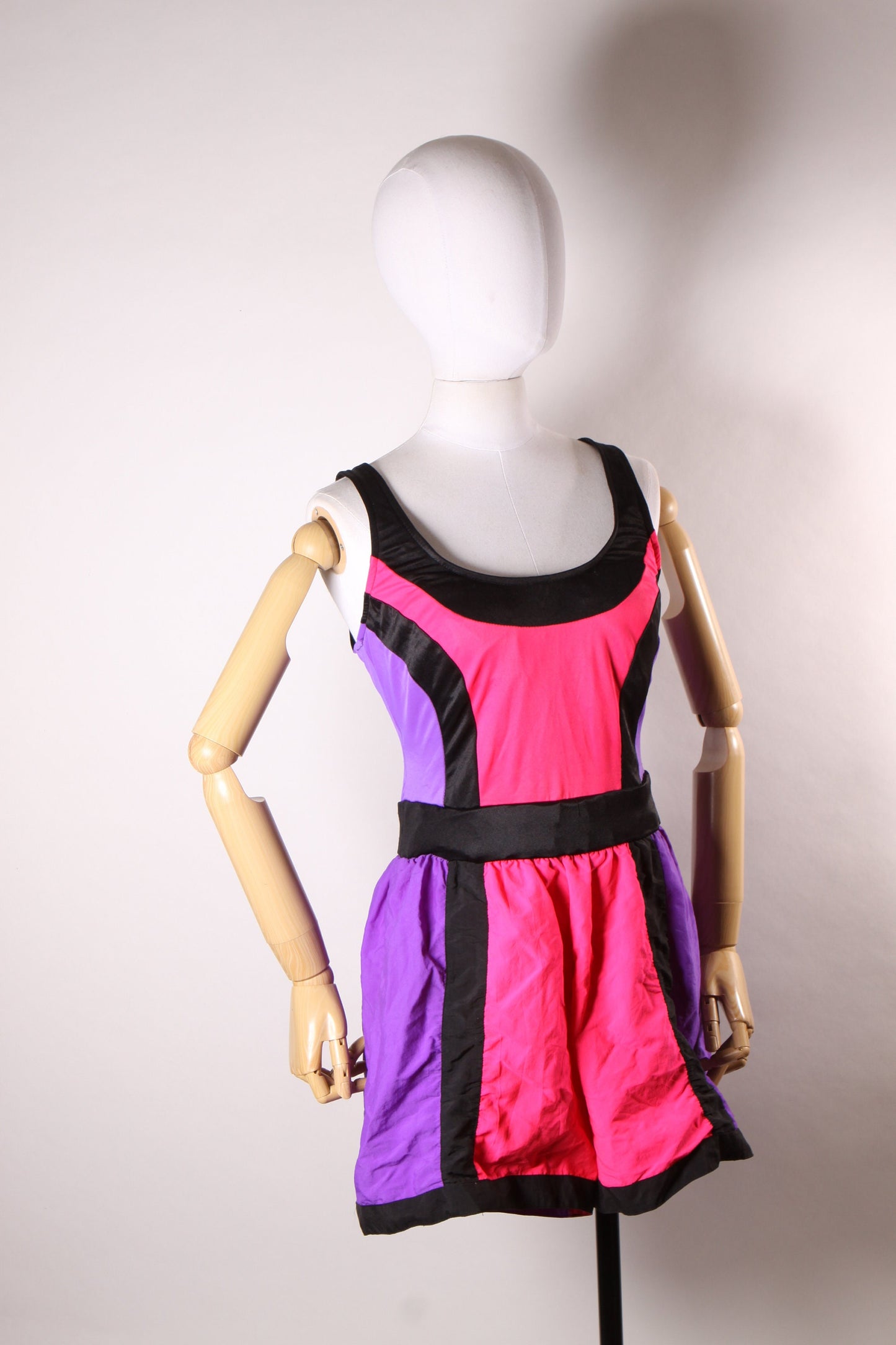 1980s Neon Day Glow Purple, Pink and Black One Piece Workout Aerobic Jazzercise Swimsuit by Catalina -XL