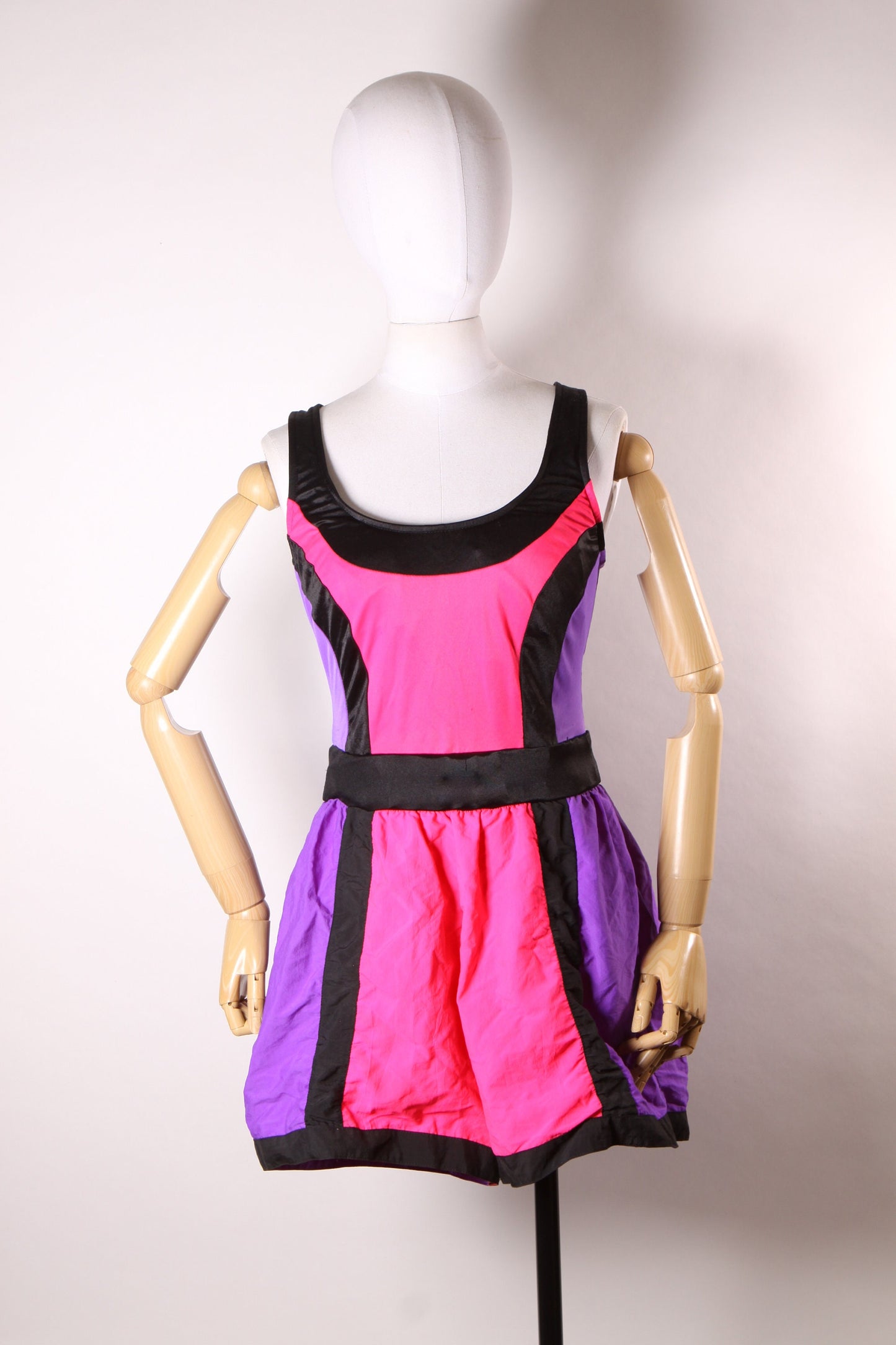 1980s Neon Day Glow Purple, Pink and Black One Piece Workout Aerobic Jazzercise Swimsuit by Catalina -XL