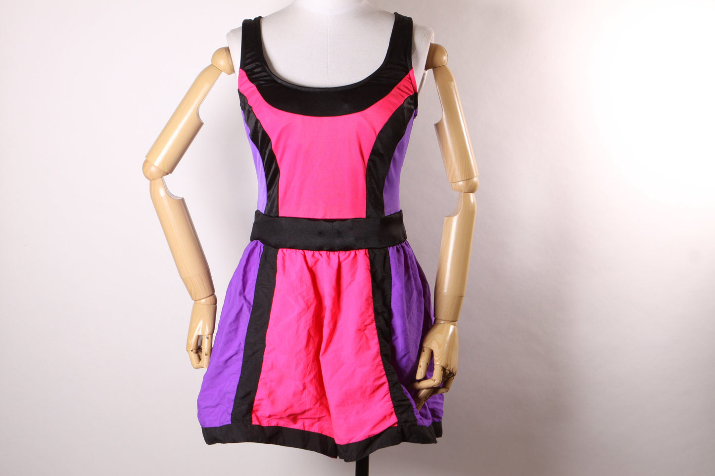 1980s Neon Day Glow Purple, Pink and Black One Piece Workout Aerobic Jazzercise Swimsuit by Catalina -XL