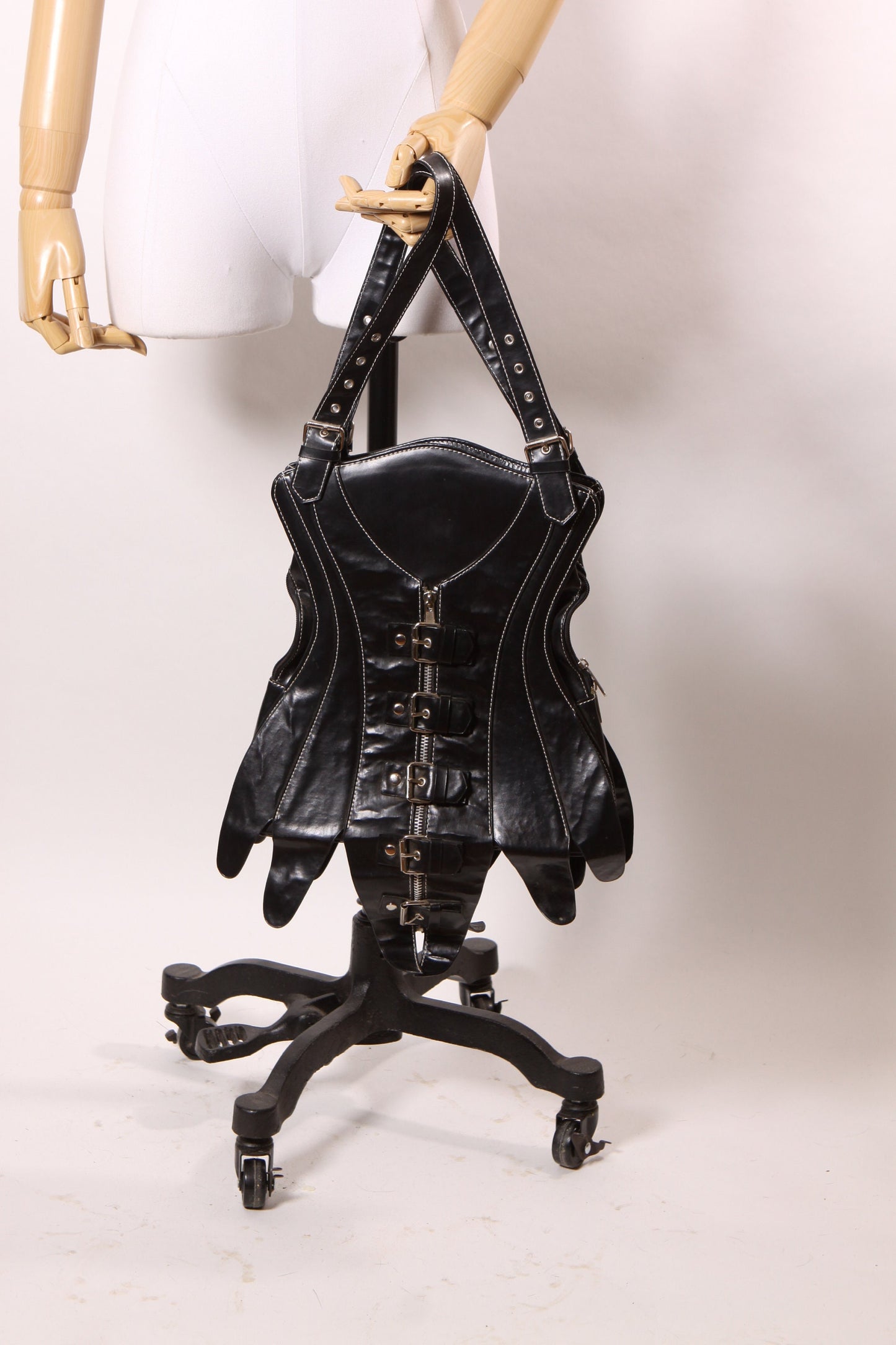 Early 2000s Y2K Black Vinyl Corset Lace Up Buckle Purse by Demonia