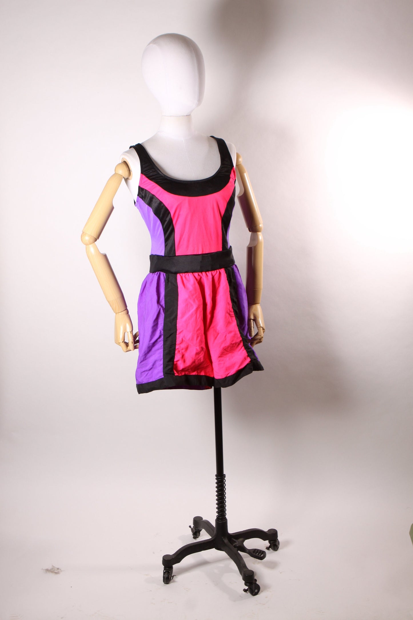 1980s Neon Day Glow Purple, Pink and Black One Piece Workout Aerobic Jazzercise Swimsuit by Catalina -XL