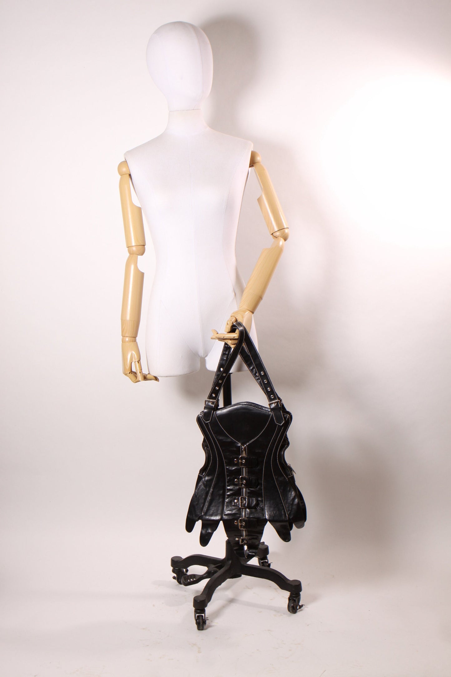 Early 2000s Y2K Black Vinyl Corset Lace Up Buckle Purse by Demonia