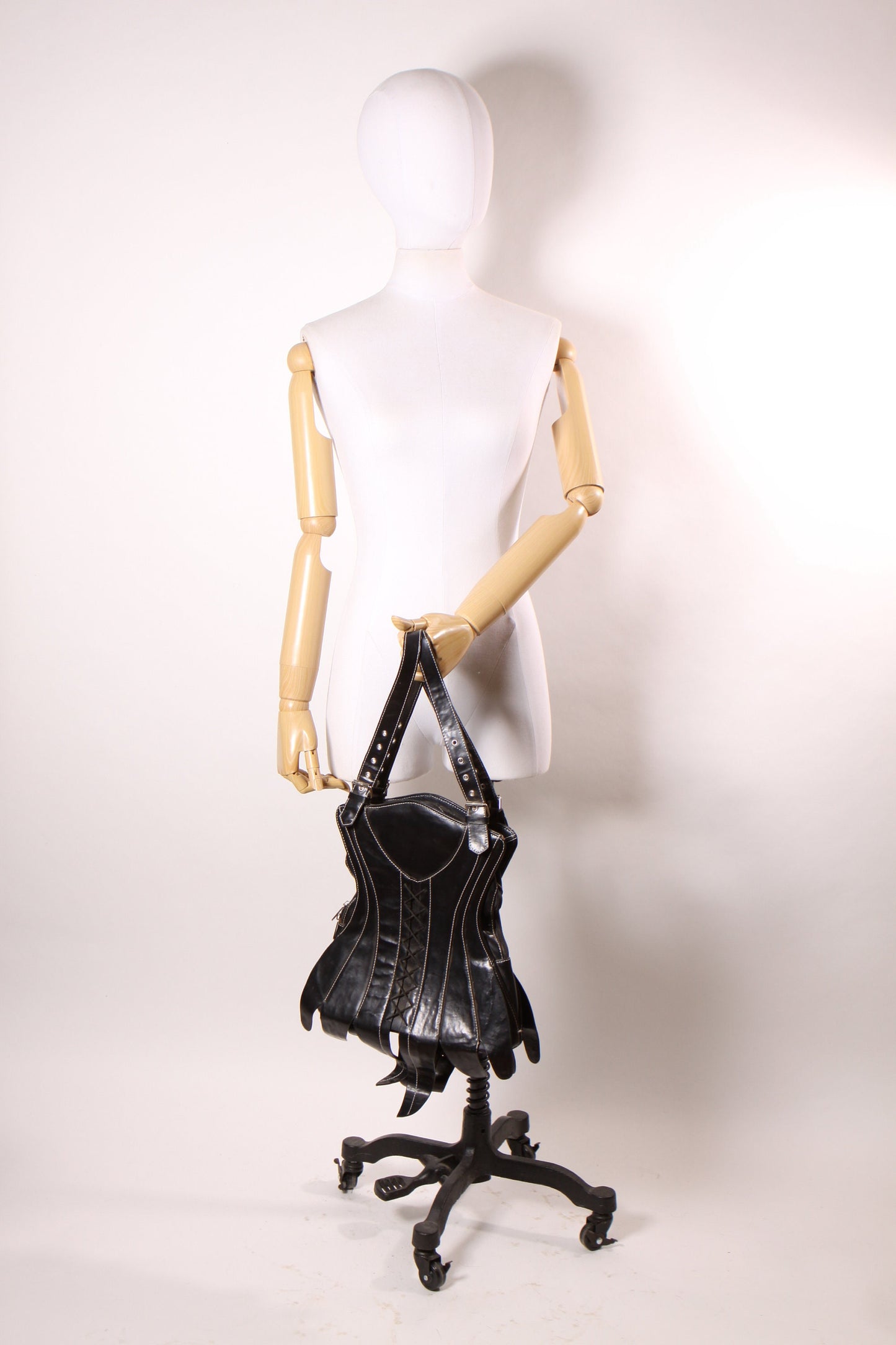Early 2000s Y2K Black Vinyl Corset Lace Up Buckle Purse by Demonia