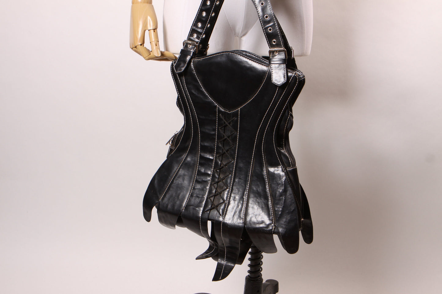 Early 2000s Y2K Black Vinyl Corset Lace Up Buckle Purse by Demonia