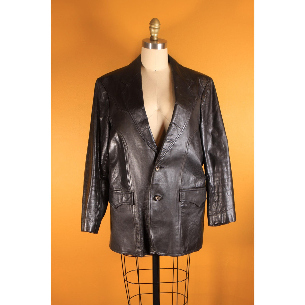 1970s Black Leather Western Style Long Sleeve Lined Mens Jacket by Pioneer Wear -L
