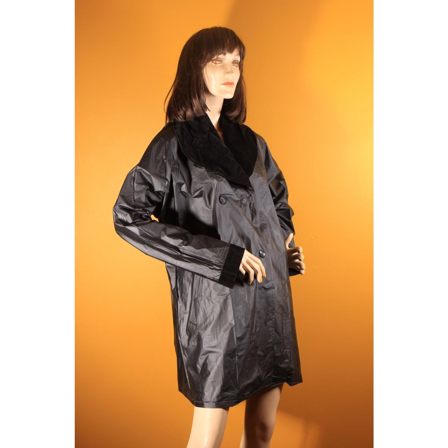 1980s Black Vinyl Velvet Trim Button Down Raincoat -XL