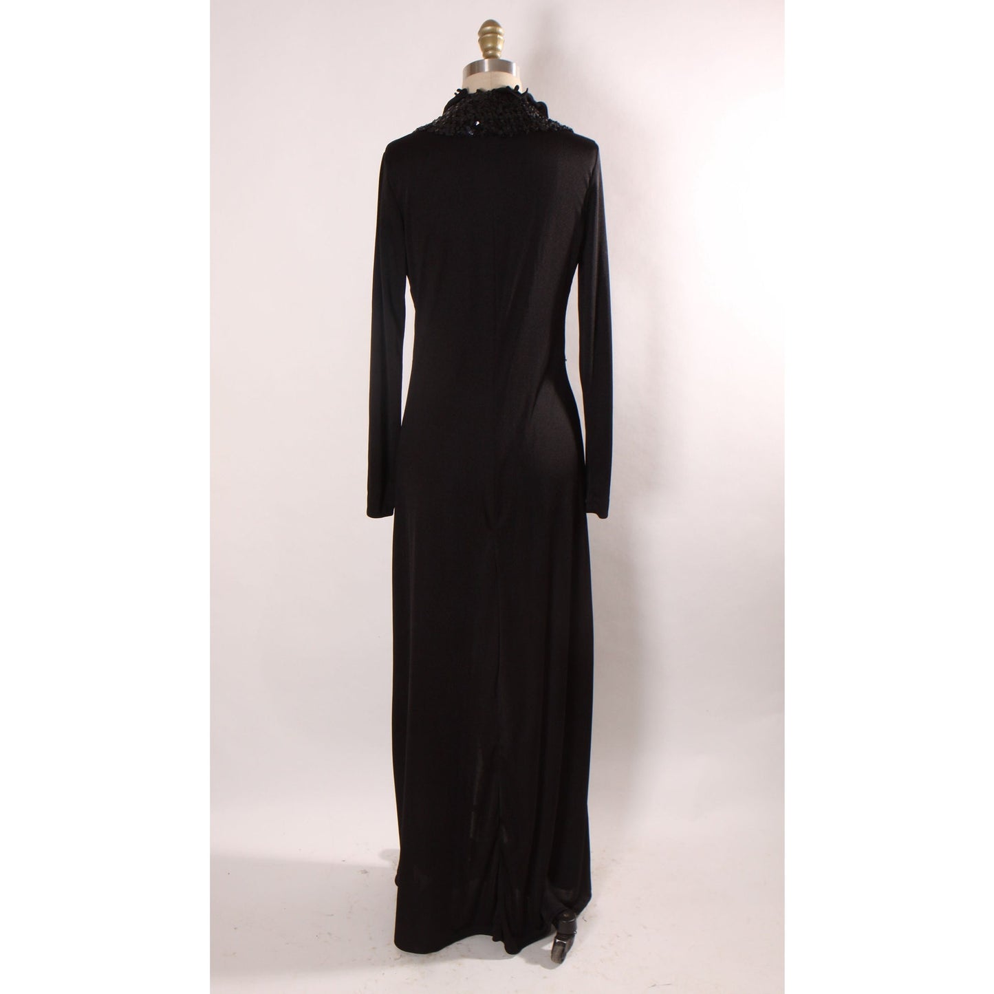 1970s Black Long Sleeve Ruffle Collar Sequin Detail Full Length Middle Slit Dress by Lynn Stevens -L