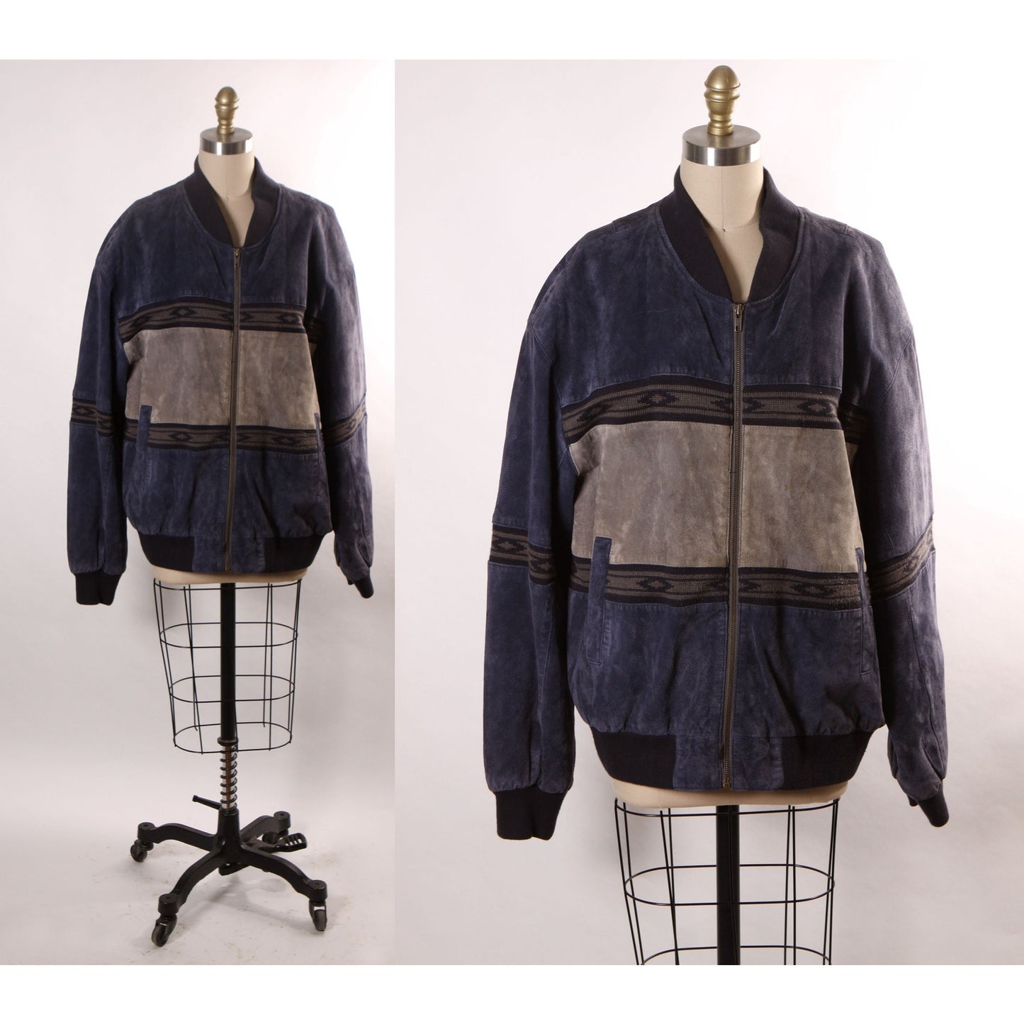1980s Navy Blue and Gray Suede Leather Western Long Sleeve Zip Up Front Coat by Scully -L