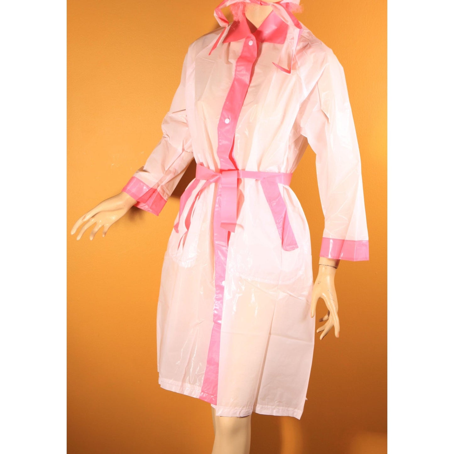 Deadstock 1950s Two Tone Pink Metal Snap Belted Raincoat with Matching Rain Bonnet -S