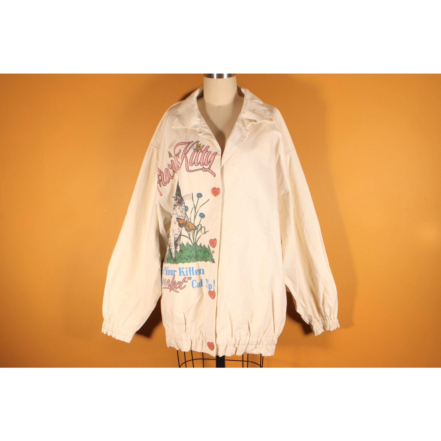Deadstock 1980s Cream Off White Novelty Precious Kitty Heart Button Down Flour Feed Sack Jacket