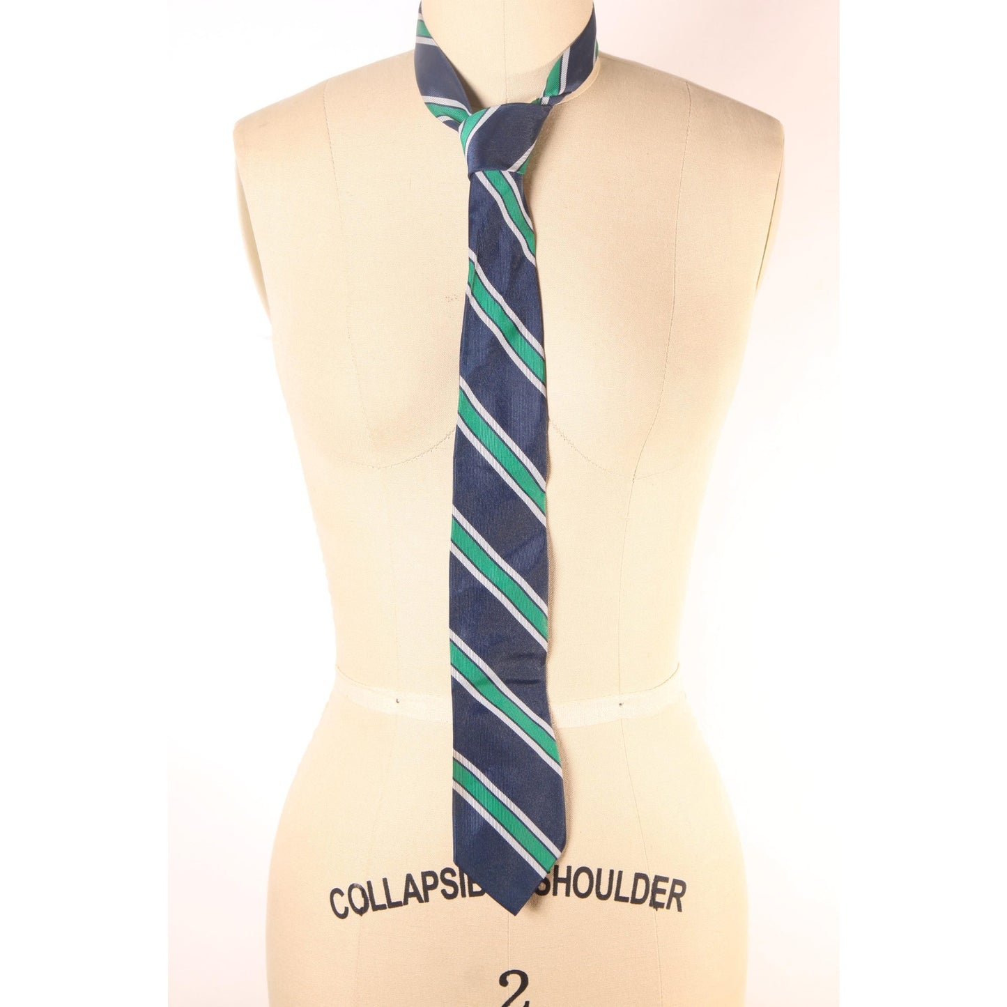 1970s Navy Blue and Green Striped Necktie Tie