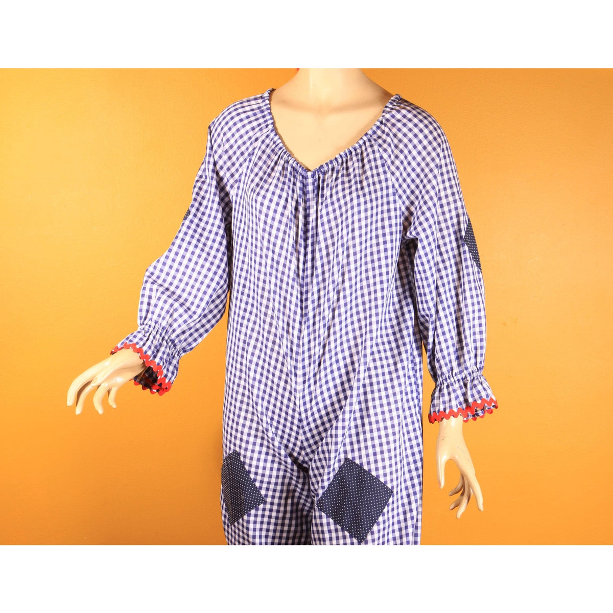 1960s 1970s Blue, White and Red Ric Rac Trim Patchwork Polka Dot One Piece Childs or Preteen Clown Costume