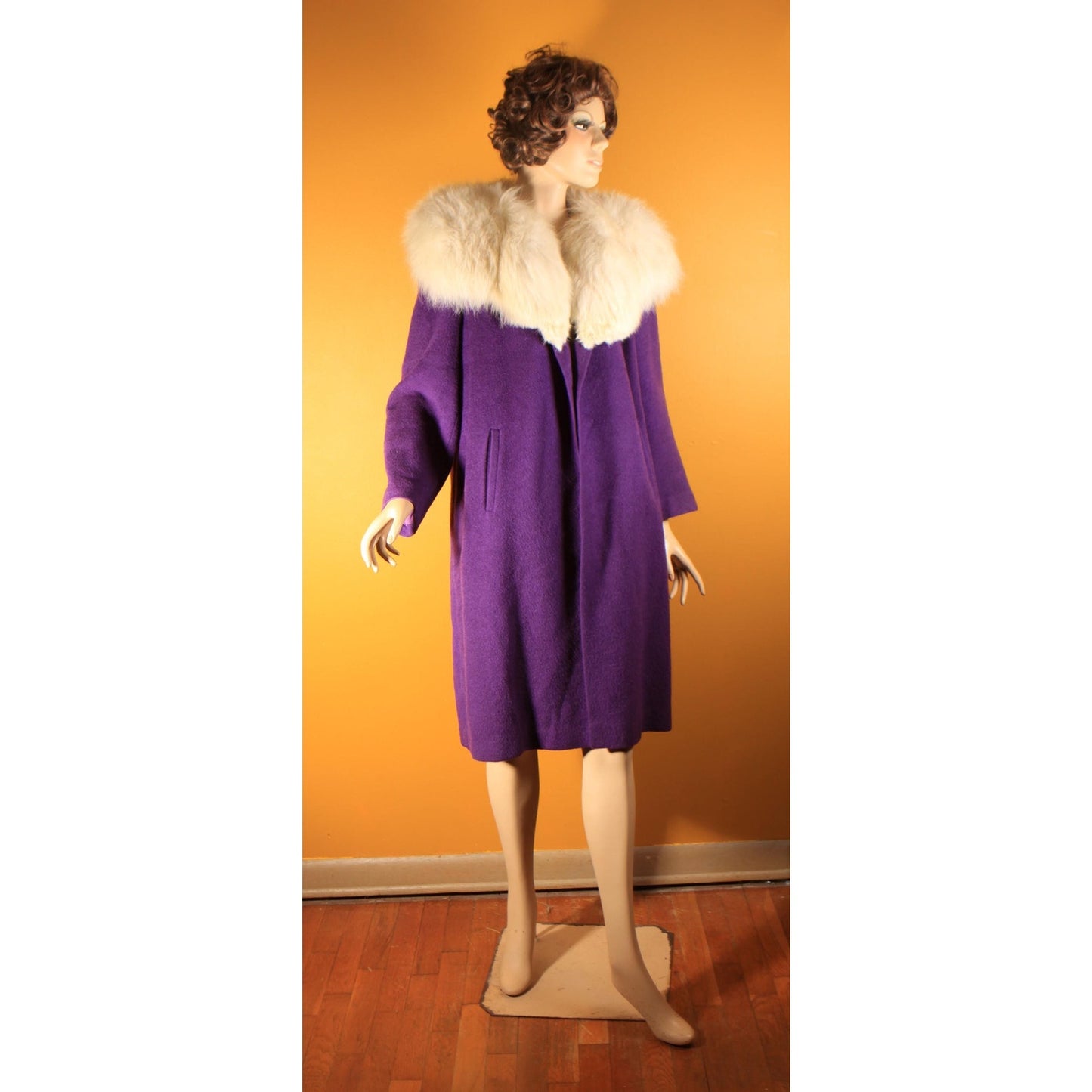 1950s Purple and Cream White Fox Fur Swing Coat -M