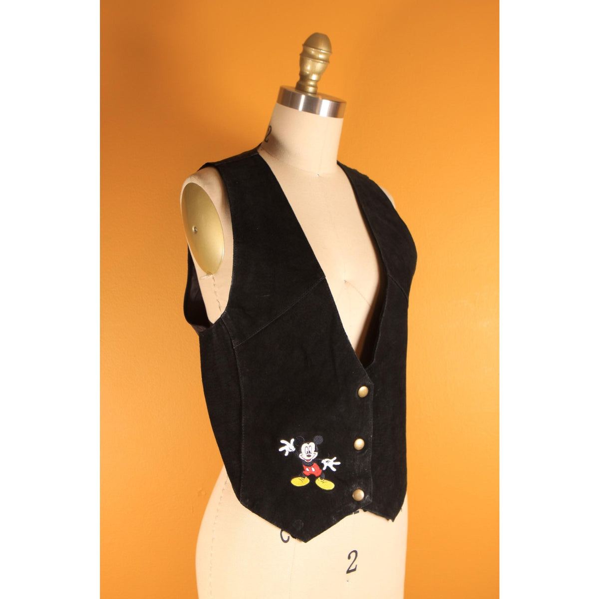 1980s 1990s Black Suede Leather Embroidered Mickey Mouse Vest by Mickey Unlimited -S/M