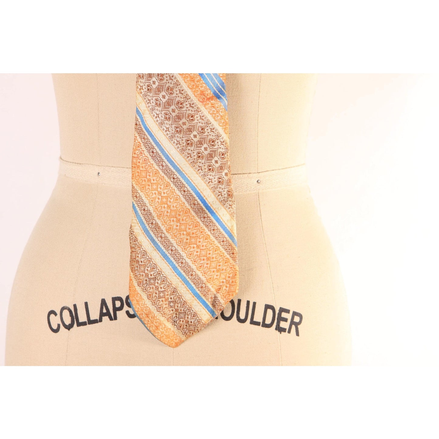 1970s Orange, Cream, Brown and Blue Striped Clip On Tie by Prince Consort