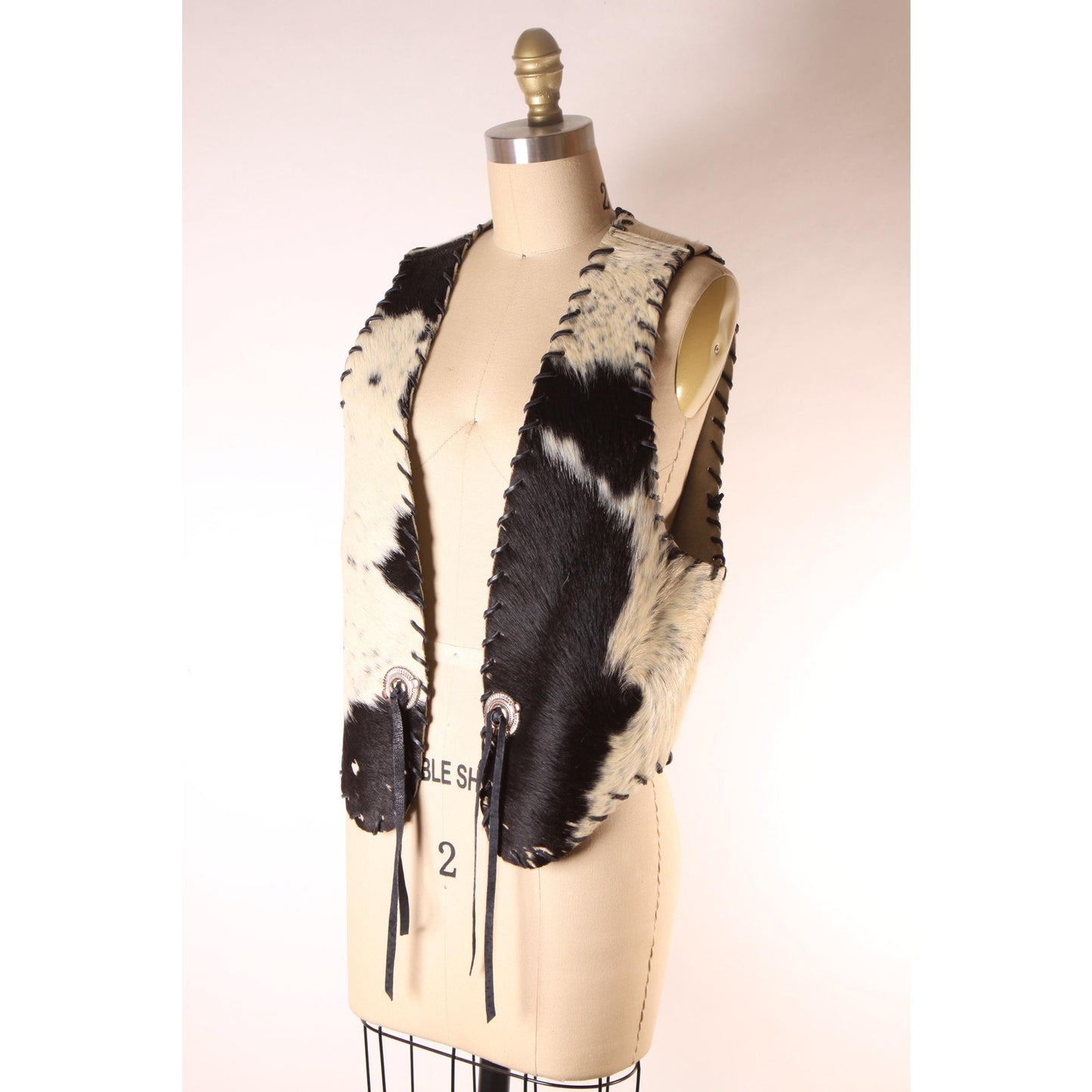 1970s Black and White Cowhide Leather Hair Cow Print Open Front Western Cowgirl Vest