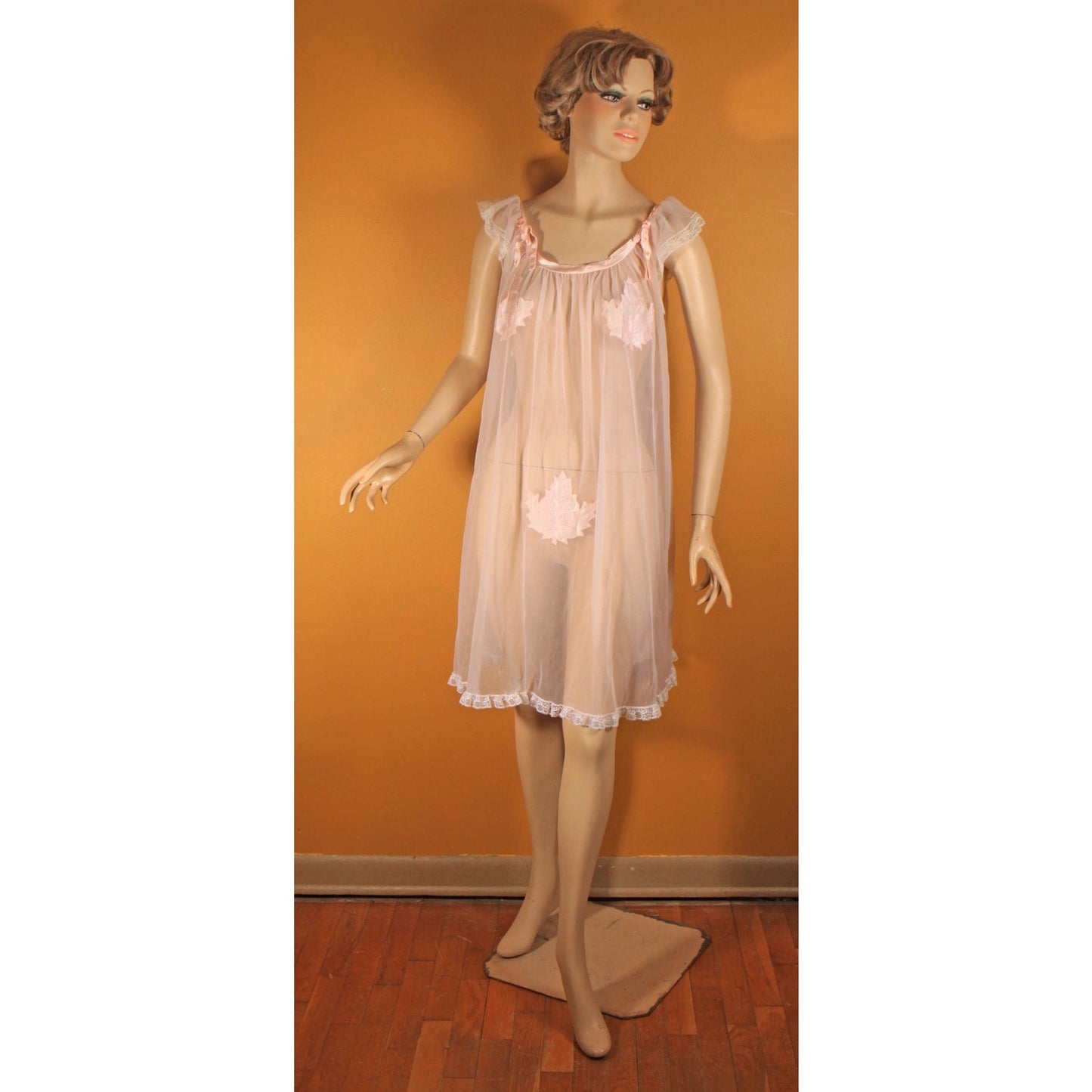 1950s Sheer Illusion Pink Fig Leaf Risque Pin Up Eves Leaves Babydoll Peignoir Night Gown by Chevette