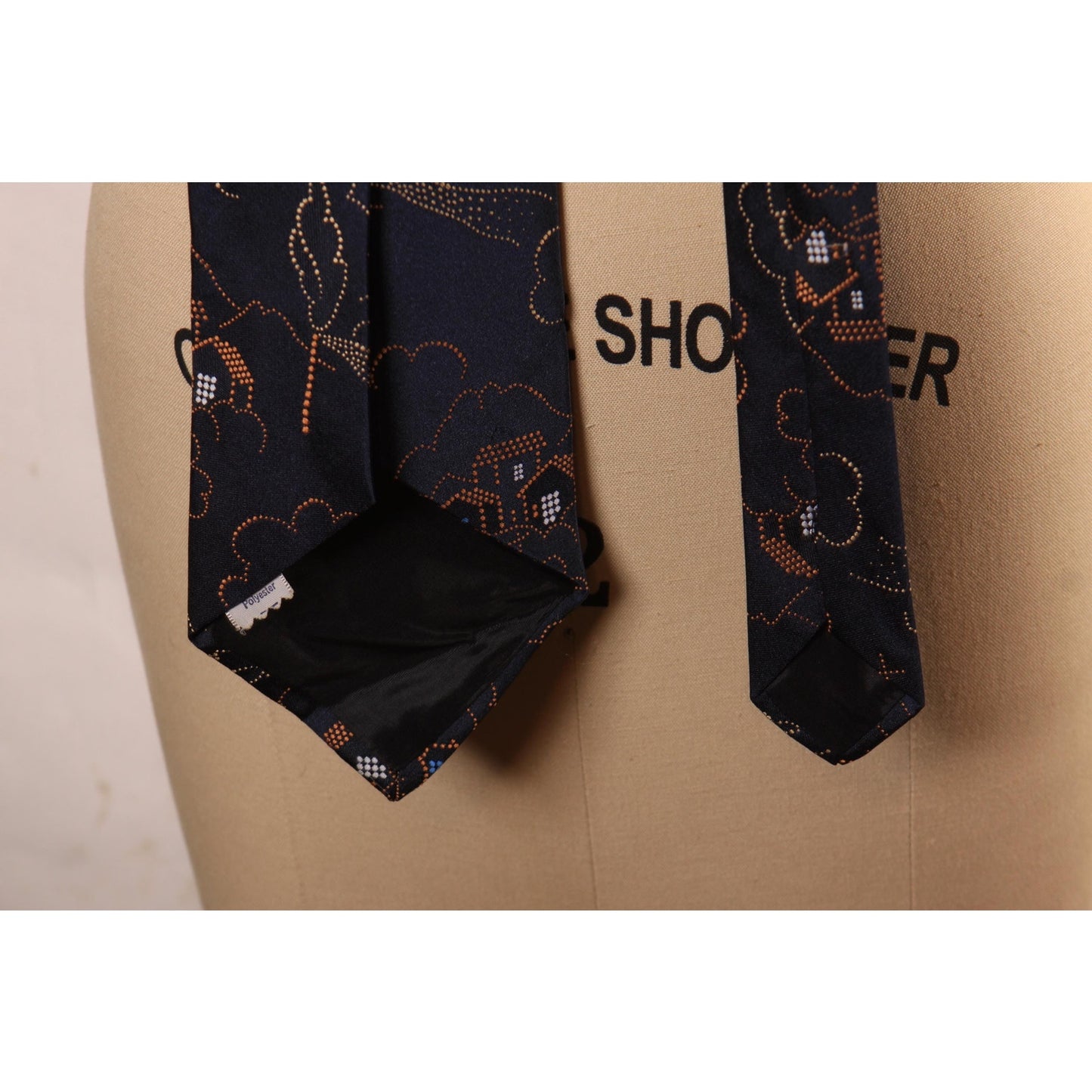 1970s Navy Blue, Brown and White Novelty House Print Polyester Necktie Tie by Carriage Cravats