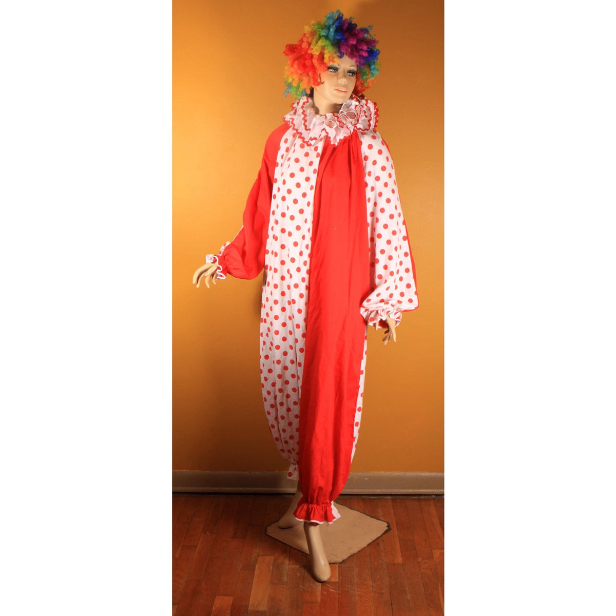 1960s 1970s Red and White Polka Dot Ruffle Collar One Piece Clown Costume
