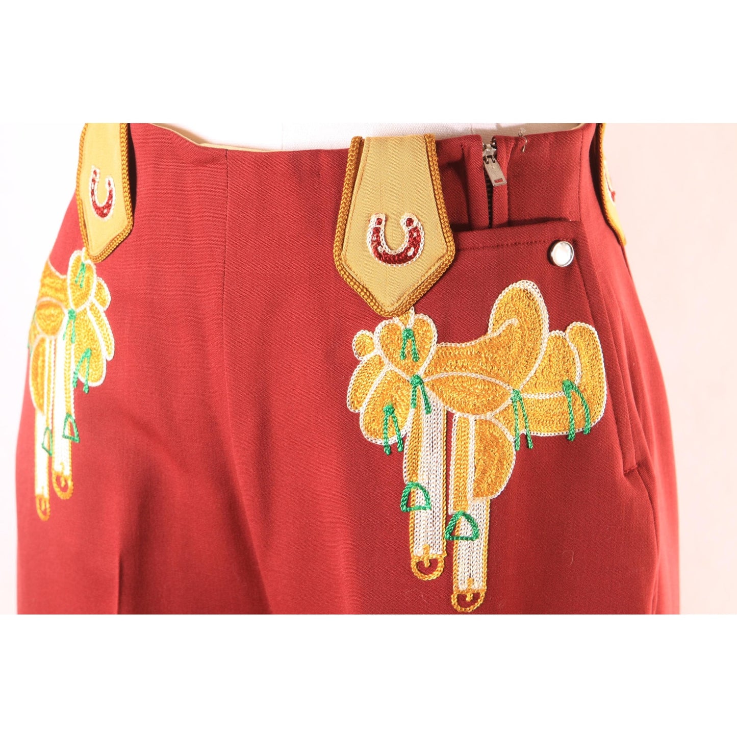 1940s 1950s Brown Cowgirl Novelty Horse Saddle Boots Longhorn High Waisted Pants and Pearl Snap Blouse Western Two Piece Outfit by Frontex