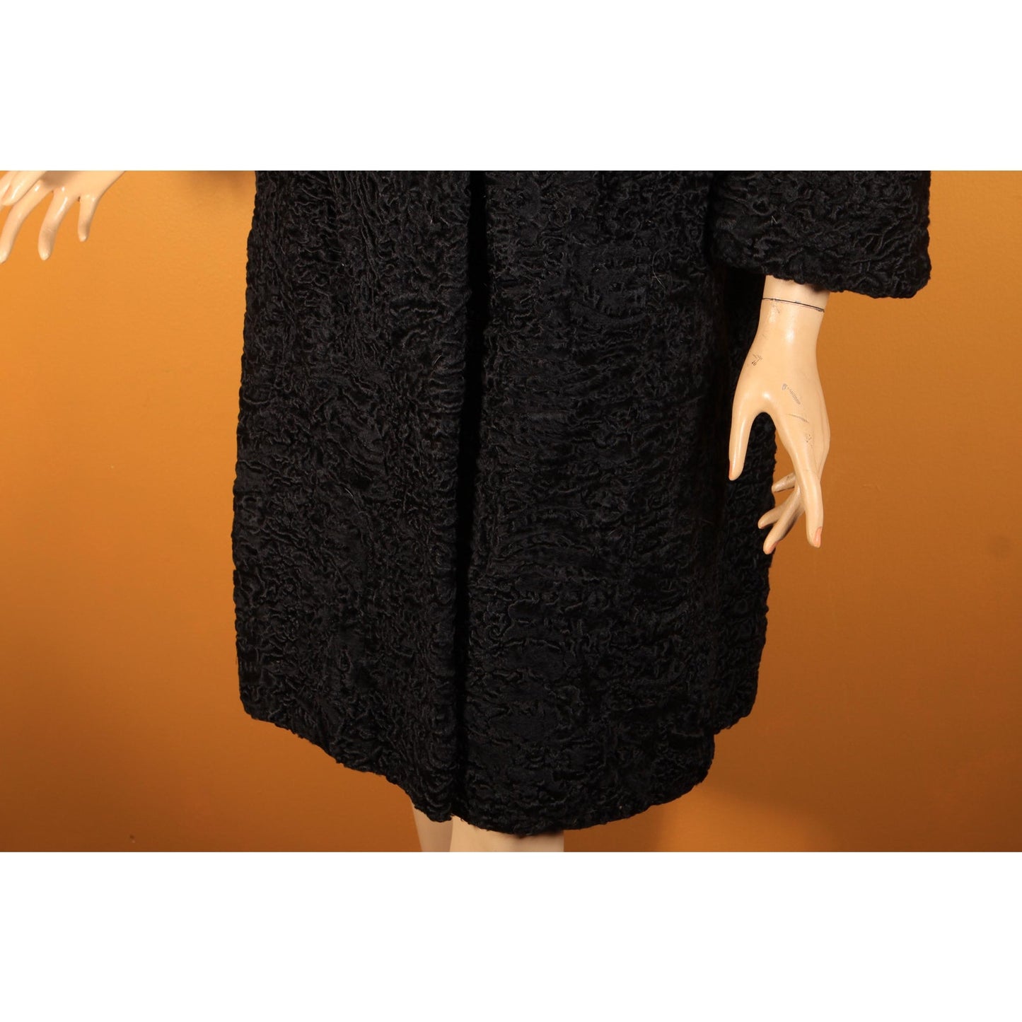 1950s Black Persian Lamb Fur and Mink Fur Trim Collar Long Sleeve Coat by Le Don Original Furs -M-L