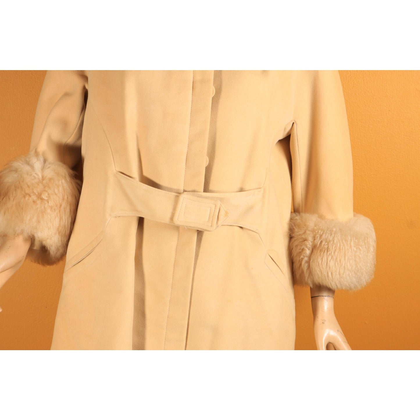 1960s Cream Tan Velvet Bracelet Sleeve Shearling Cuff and Collar Belted Coat by Country Pacer -M-L