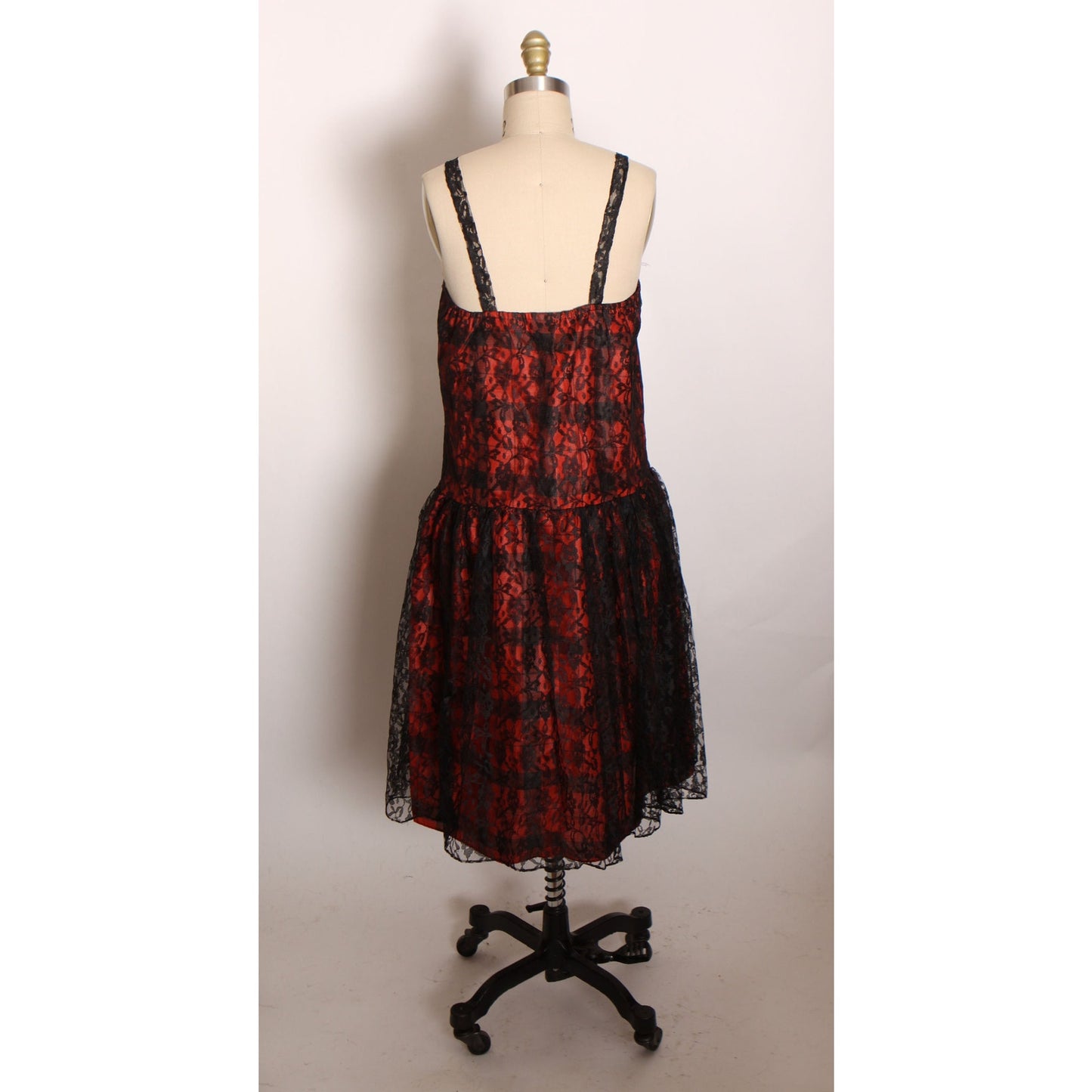 Deadstock 1970s Black and Red Gothic Lace and Plaid Print Lace Strap Sleeveless Dress by Purrr’s -S-M