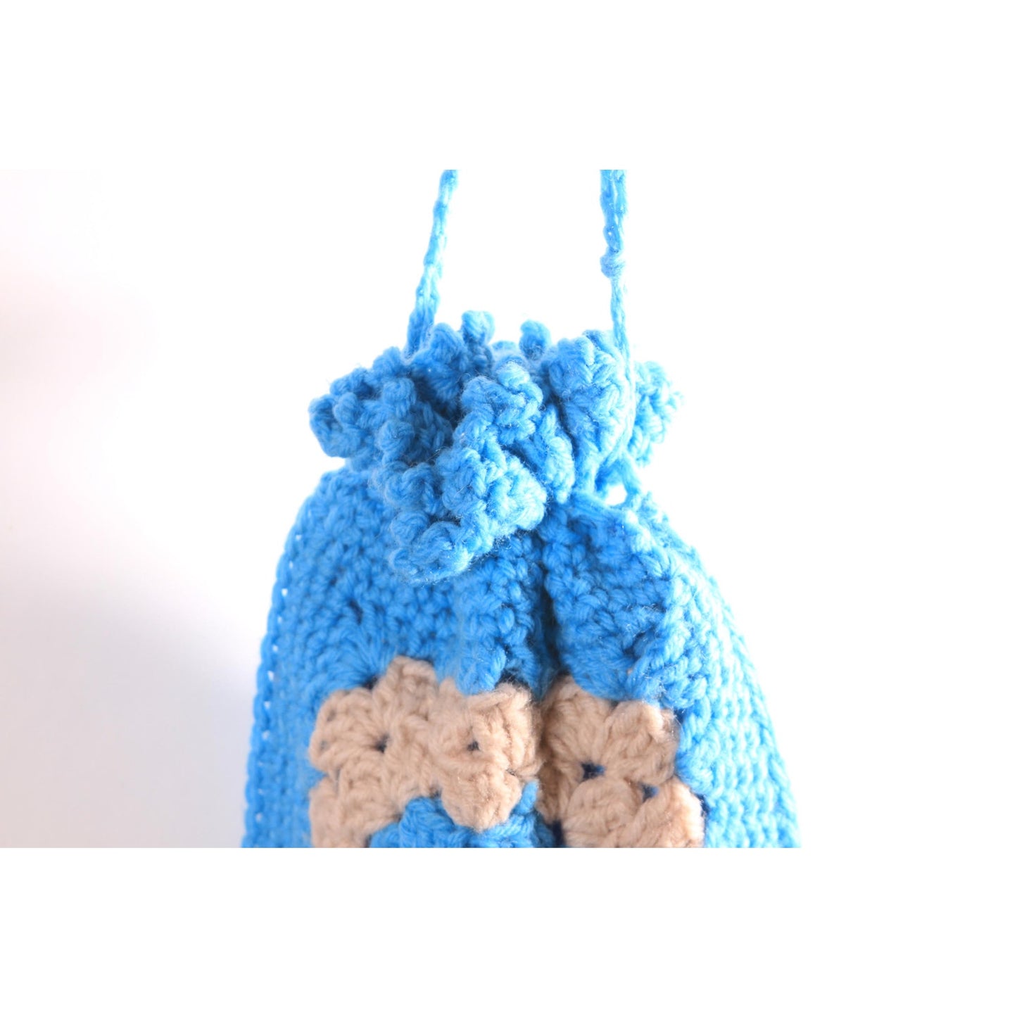 1970s Turquoise Blue and Tan Crochet Granny Square Fringe Drawstring Purse Bag