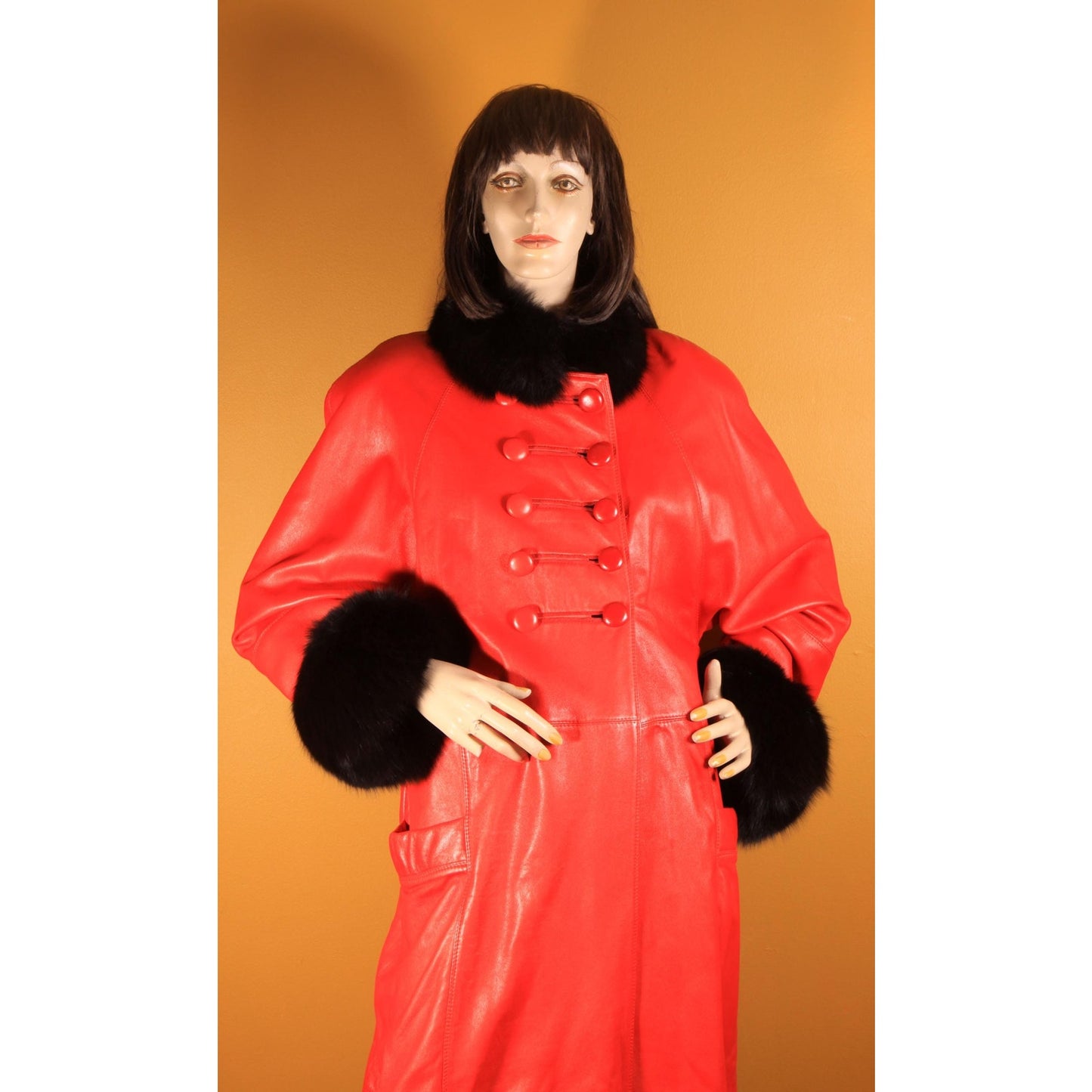 1980s Red Leather and Black Fox Fur Trim Long Sleeve Coat by McDaniel's -XL