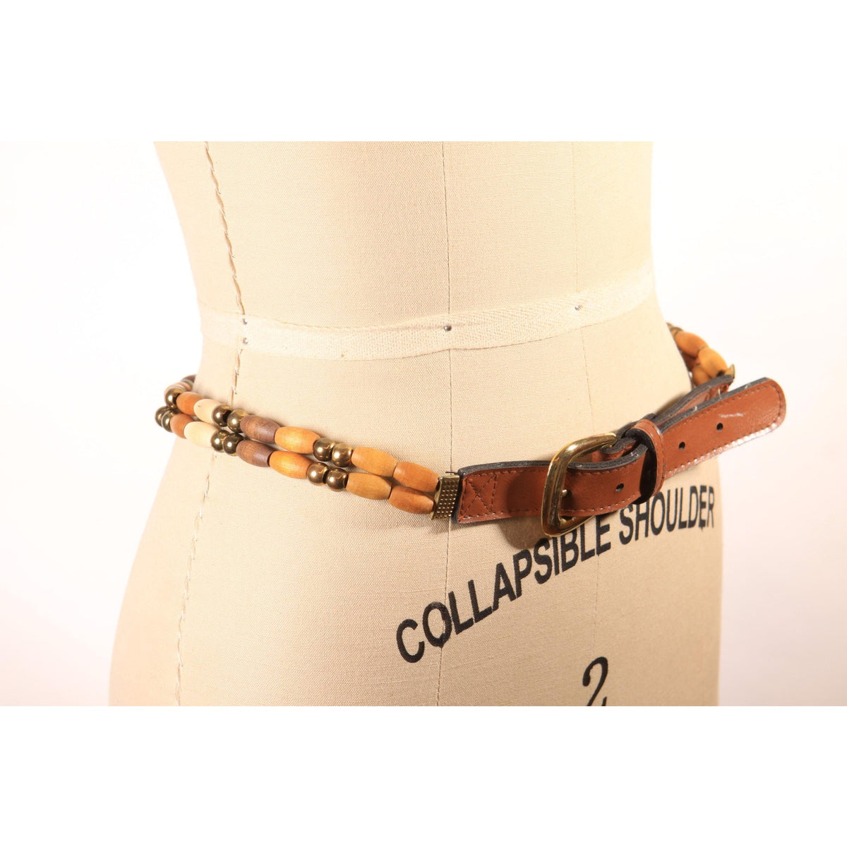 1980s Brown, Tan and Cream Faux Leather Wood Beaded Chain Belt