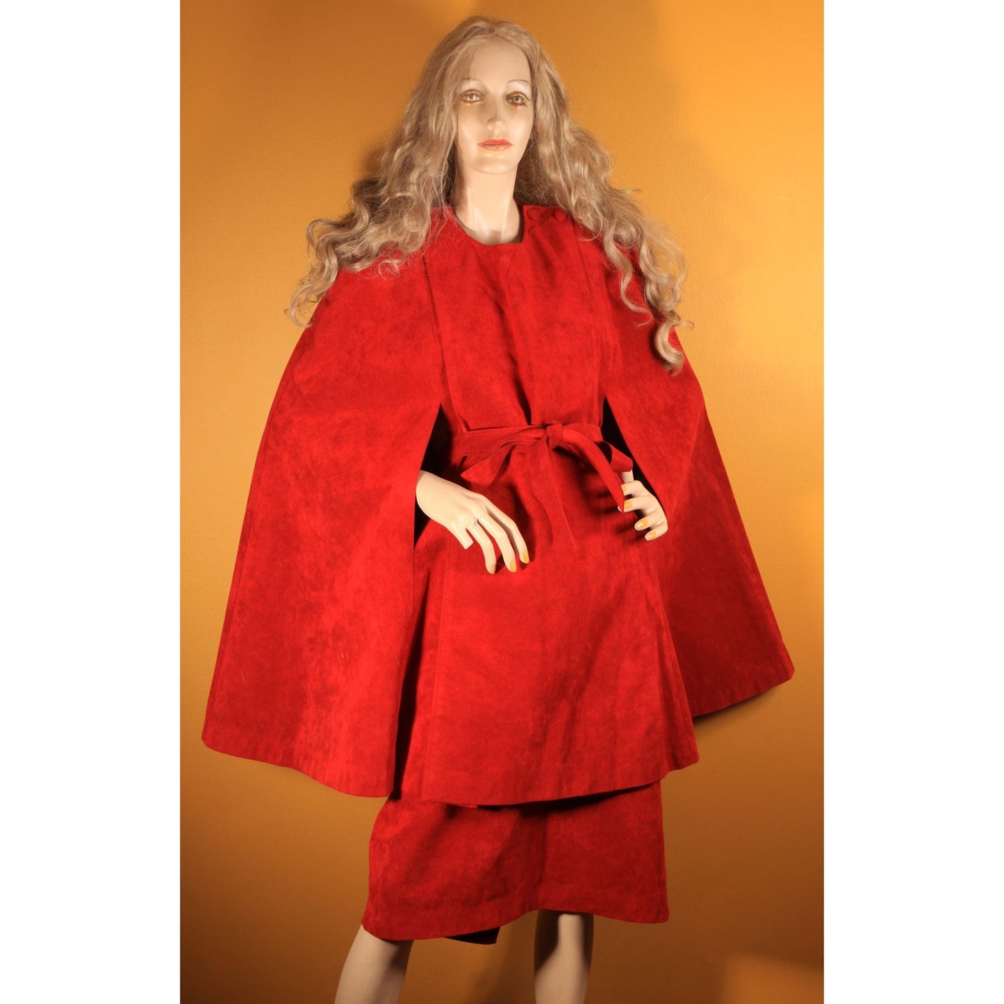 1970s Dark Red Microsuede Belted Cape with Matching Skirt Two Piece Outfit Skirt Suit -XL