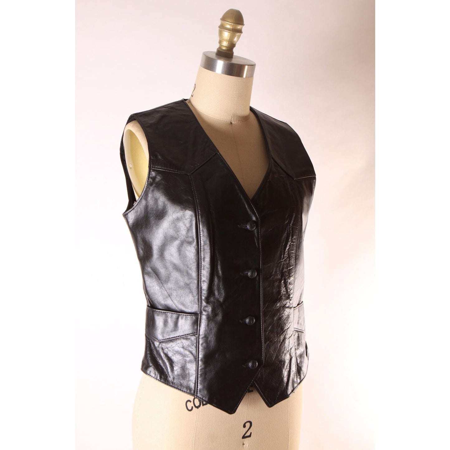 1970s Black Leather Button Down Pocketed Western Vest by Tony Lama -S-M