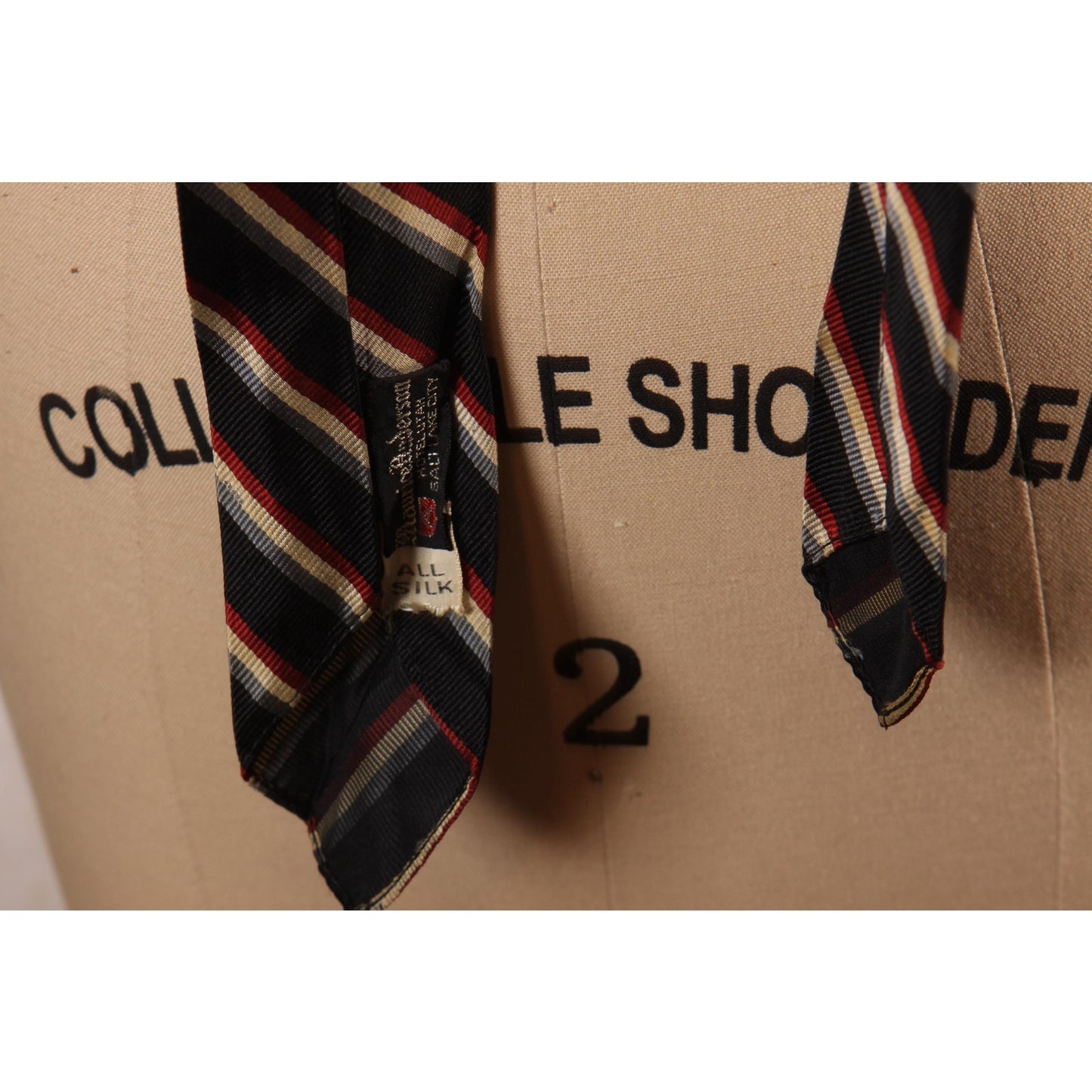 1960s Black, Blue, White and Red Silk Striped Skinny Necktie Tie by Maurice Anderson