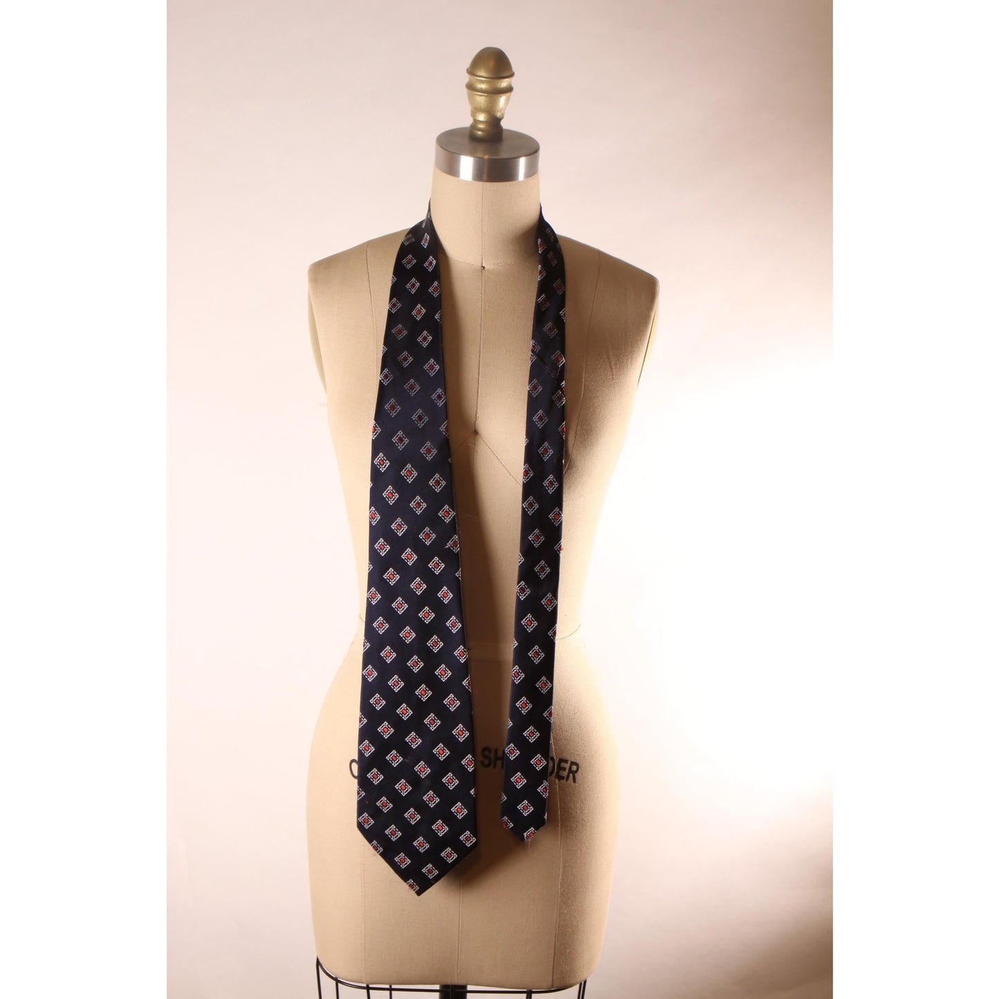 1970s Navy Blue, White and Red Geometric Necktie Tie by Carnival