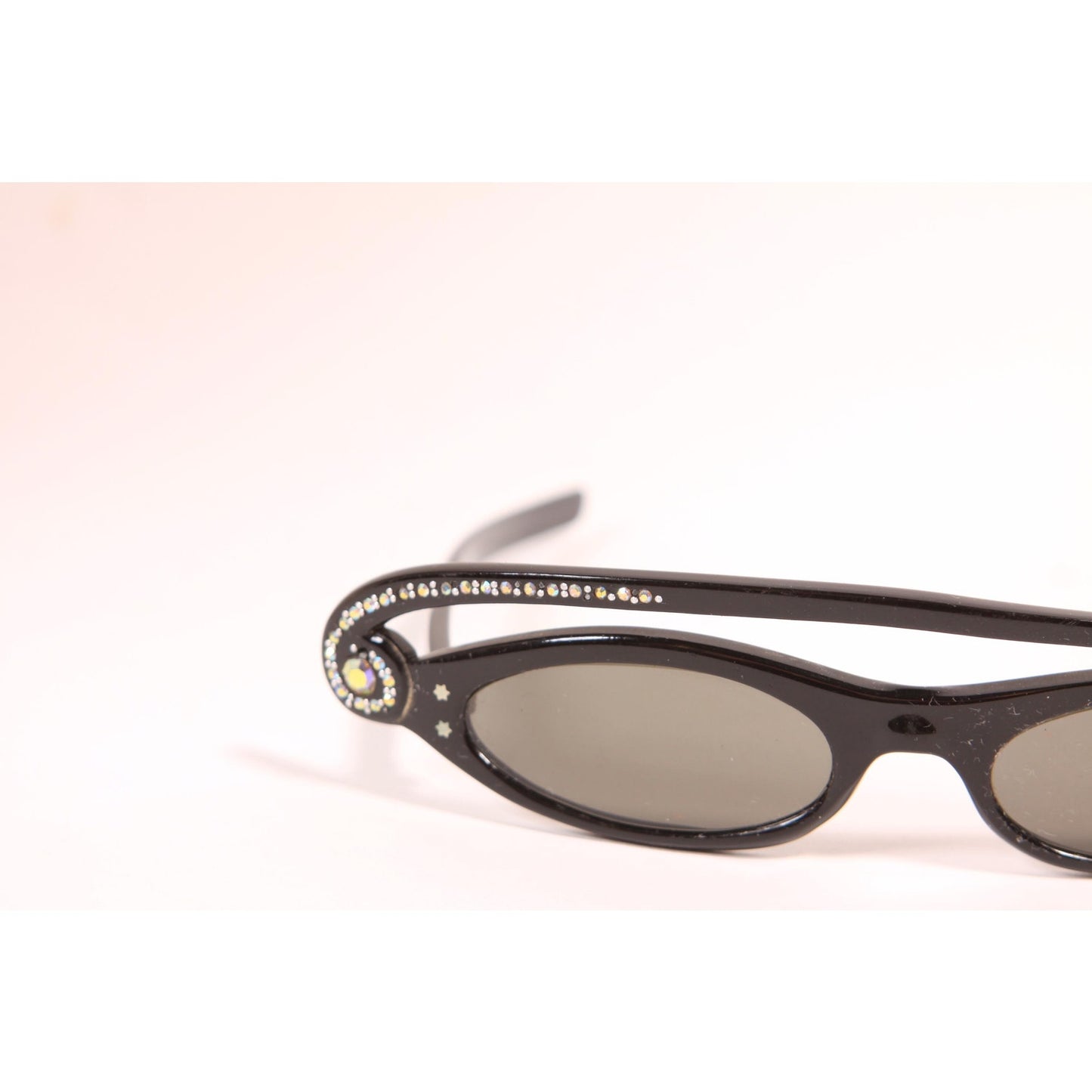 1950s Black and Silver Rhinestone Novelty Swirl Star France Cat Eye Sunglasses