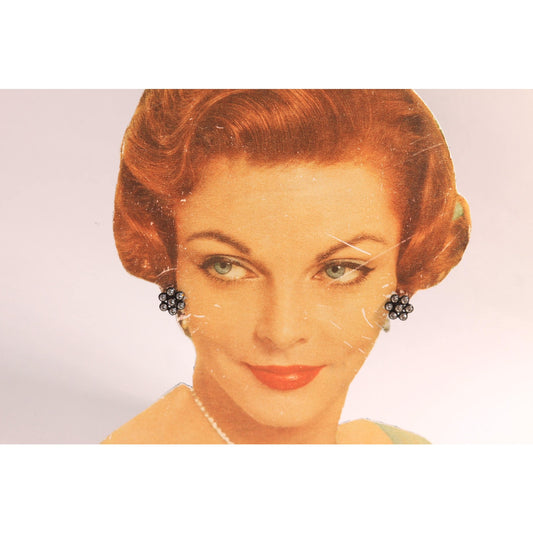 1950s Black Plastic and Rhinestone Cluster Screw Back Earrings