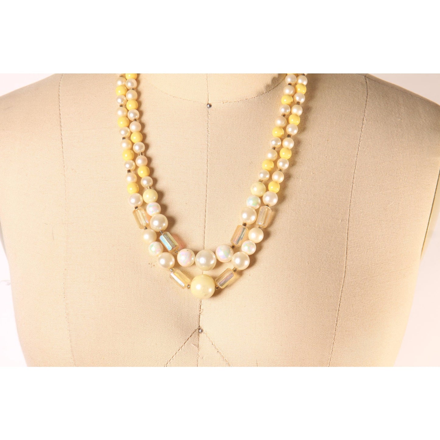 1970s Yellow and Cream Beaded Double Strand Necklace by Japan
