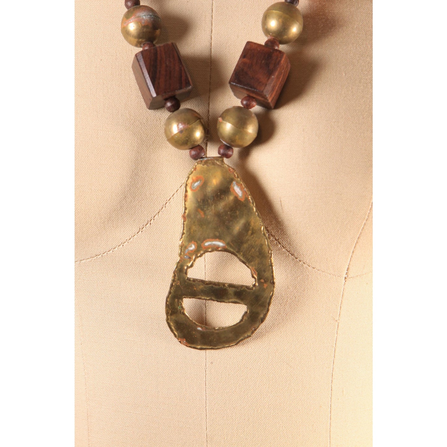 Late 1970s Wood andCopper Brass Abstract Boho Chunky Oversized Pendant Necklace