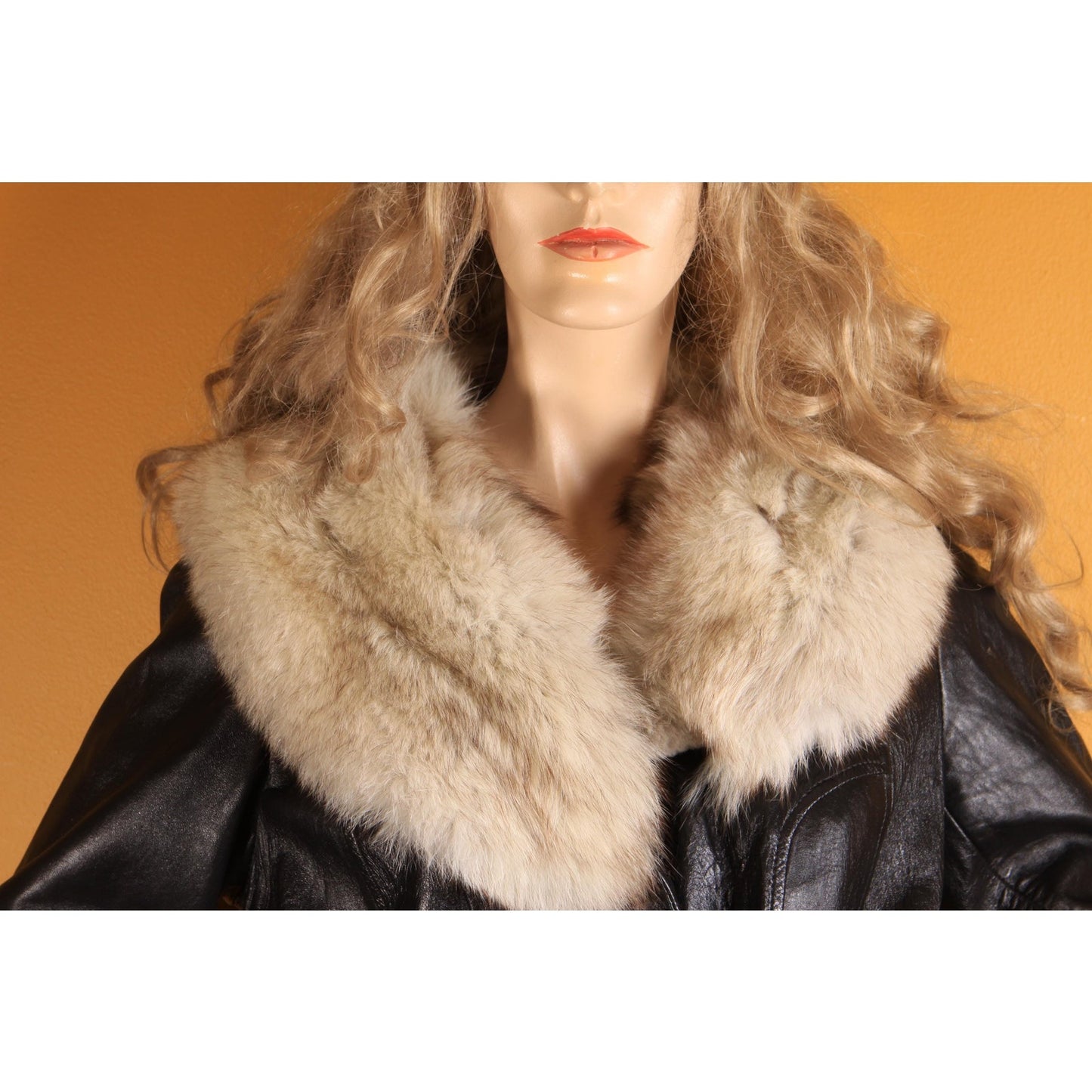 1970s Black Leather Long Sleeve Fox Fur Collar Trench Coat by Imperial -M-L