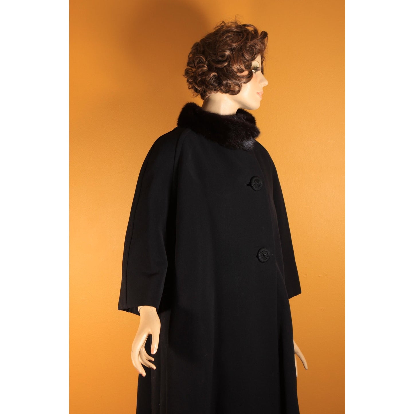 1950s Black Bracelet Sleeve Mink Fur Collar Swing Coat by Netter's -XL