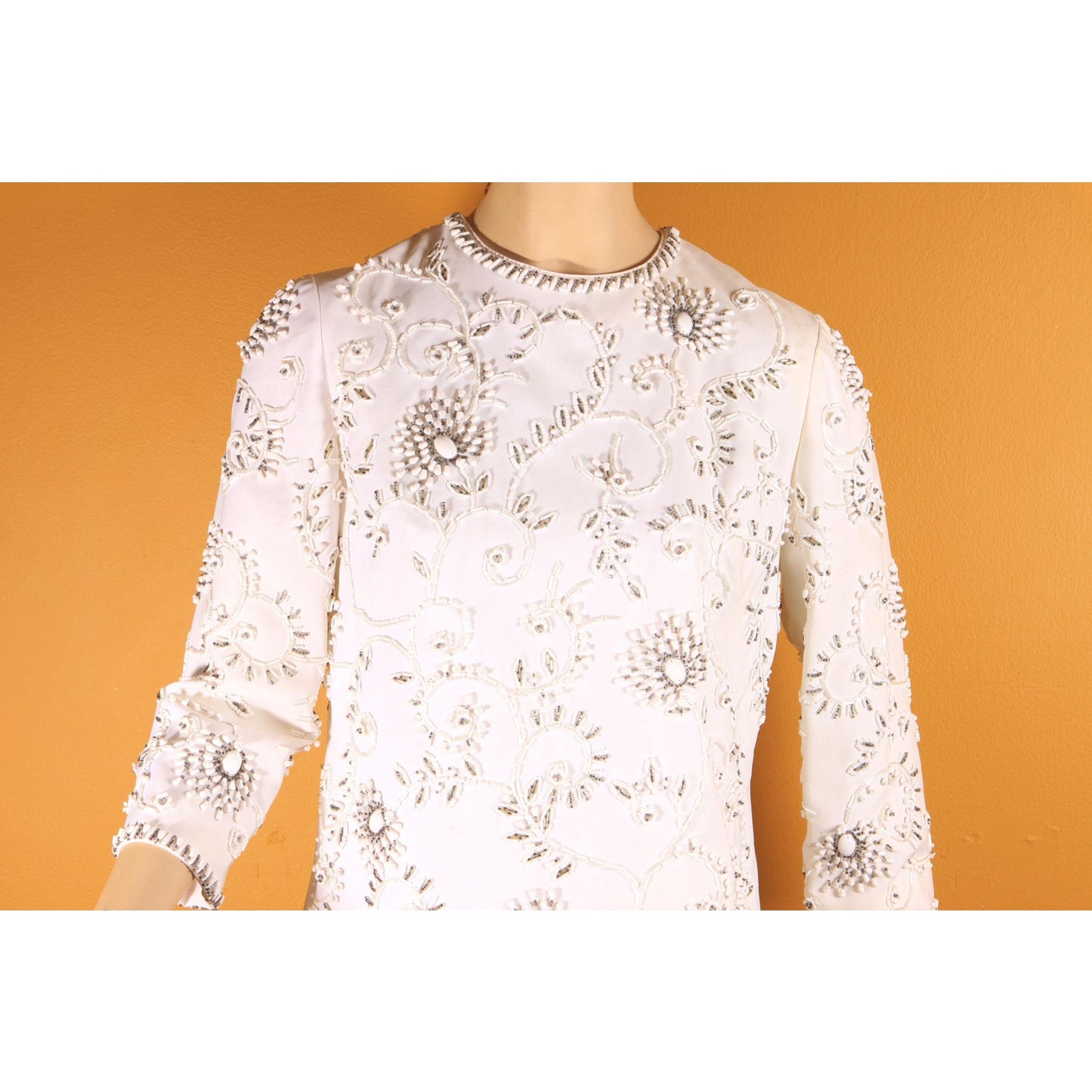 1960s White Heavily Beaded Floral Swirl 3/4 Length Sleeve Tunic Mini Dress by Cavanagh's Virgin Islands